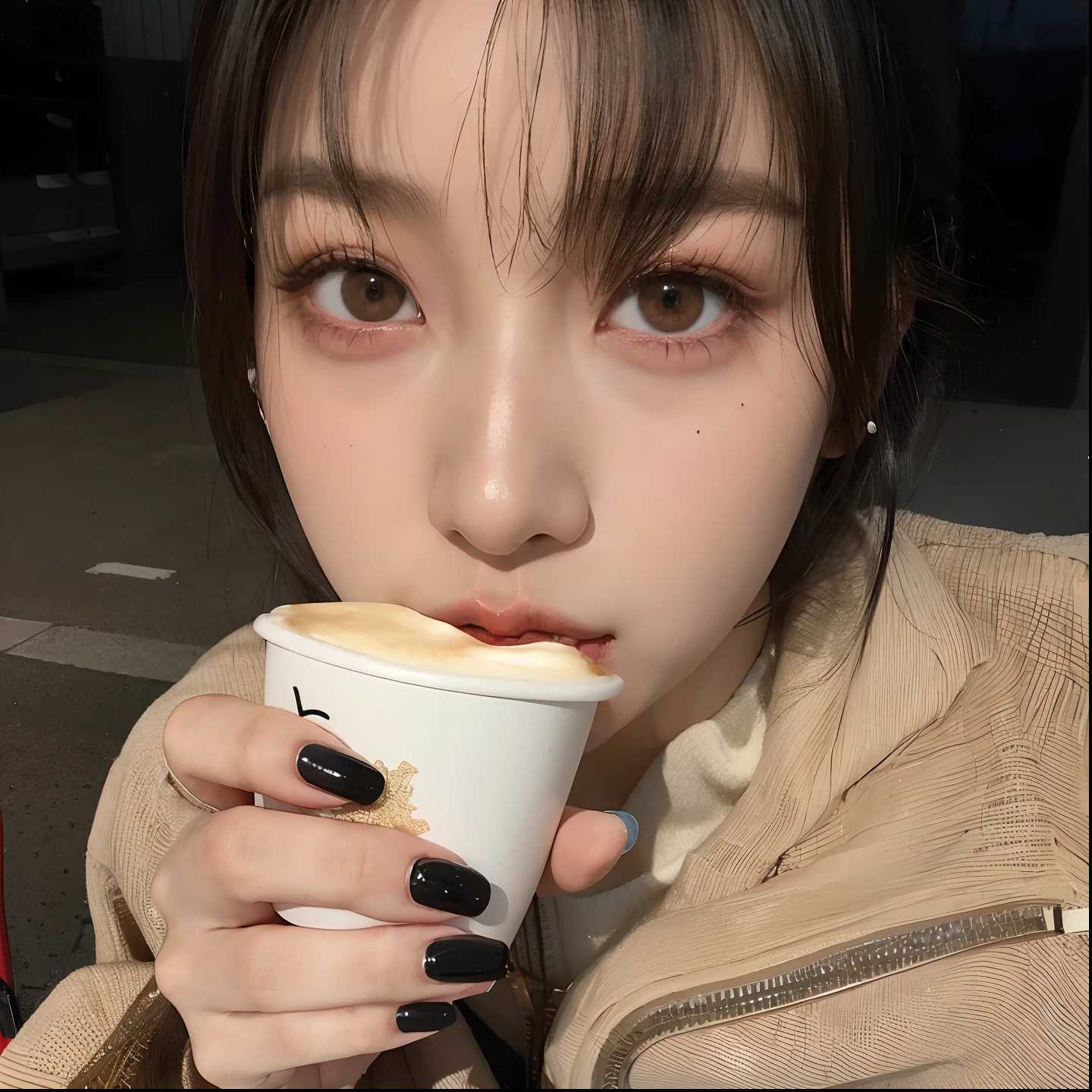 There's a woman with a cup of coffee in her hand, ulzzang, Yves de Loona, Chiho, Estilo de Junji Ito, Yves de Loona, Kimi Takemura, Ella tiene el pelo negro con flequillo, Sui Ishida con cabello negro, Yves de Loona, con cara linda - fina -, dilraba dilmurat