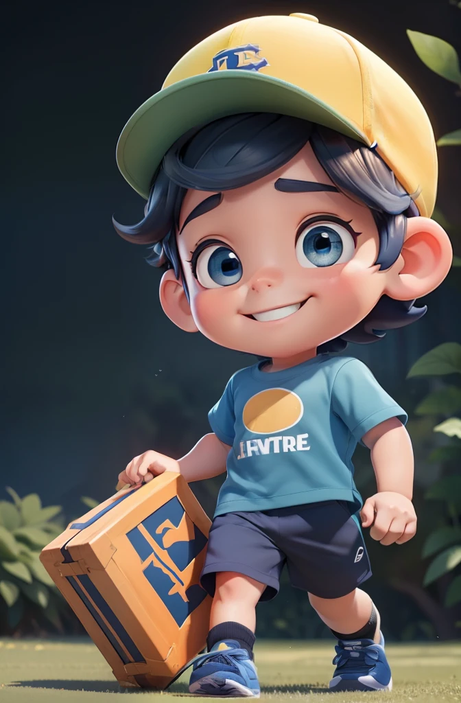[(An adorable smiling boy running with a black box in his right hand:1.2)(adolescente 12 anos pequeno e fofinho)(pele morena)(assustado)][(vestindo fantasia inspirada no 'Minnie') , childrens illustration , fundo limpo], Vestindo uma camiseta esportiva verde, Dark blue shorts and a navy blue brimmed baseball hat with lime green accents, corpo inteiro .
