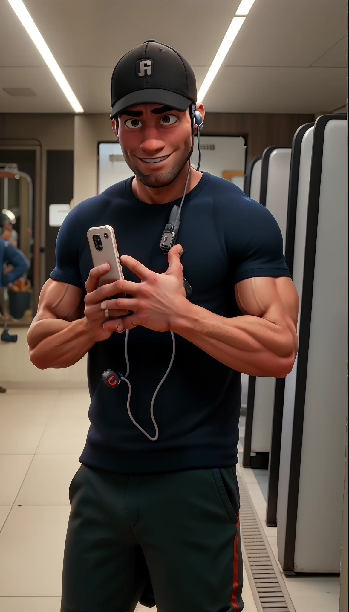 Muscular man in headphone cap taking a photo of freight to the mirror