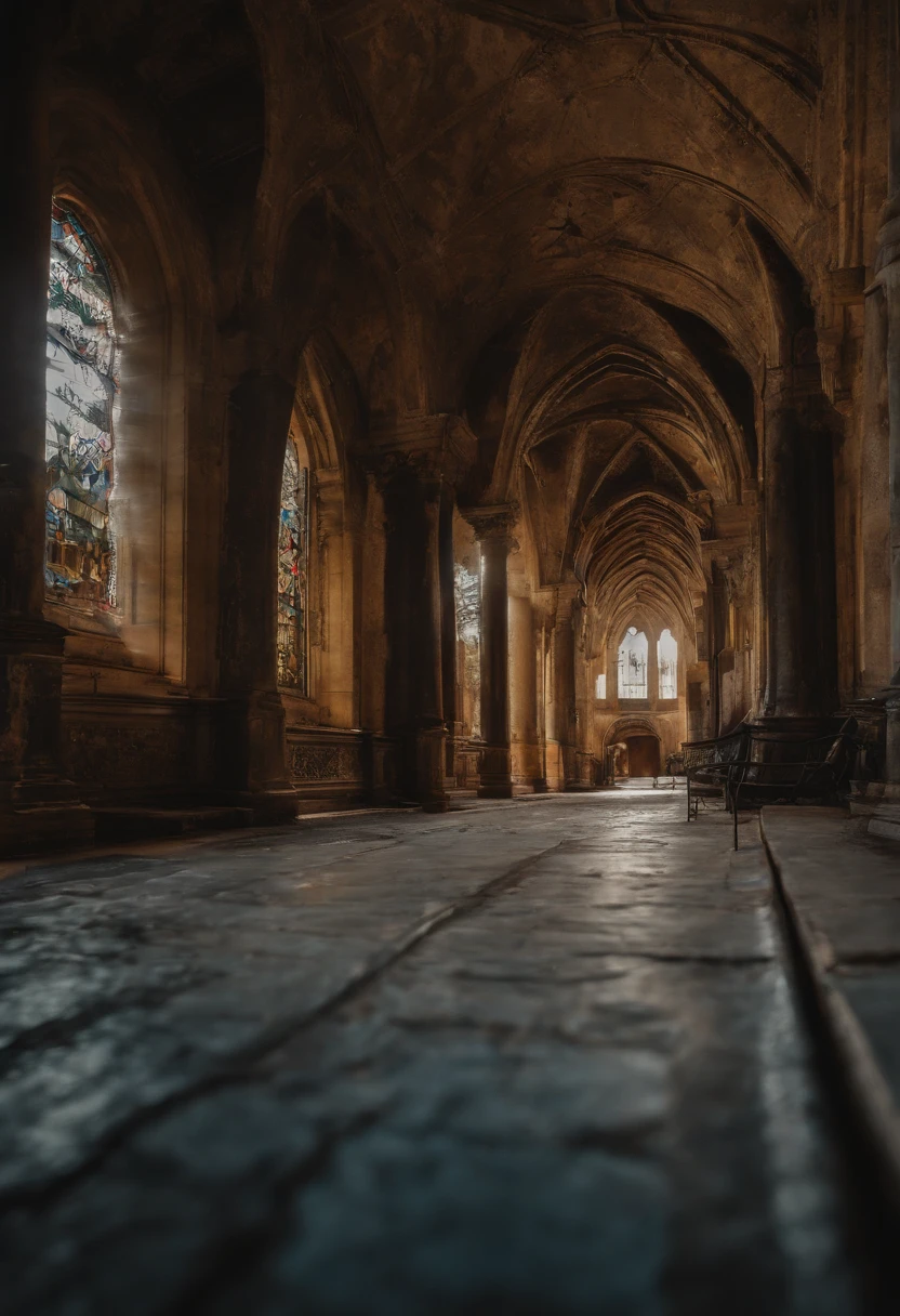 redhead girl, very pale skin, extremely long hair, full body, naked, very skinny, standing in a church, scandalous