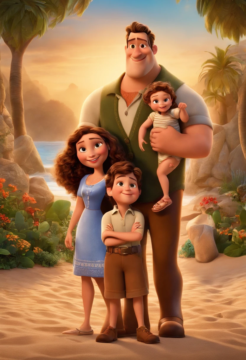 a Disney Pixar movie poster showing a white-skinned family. The father is the tallest, Tem barba curta, loiro, cabelos curtos e espinhosos. The mother has brown eyes and hair, shoulder-length and is slightly overweight. A menina tem 4 anos e cabelos castanhos, roupa rosa e rabos de cavalo. Um menino de 5 anos, segurando uma bola. The background is a beach garden. 3D-rendering