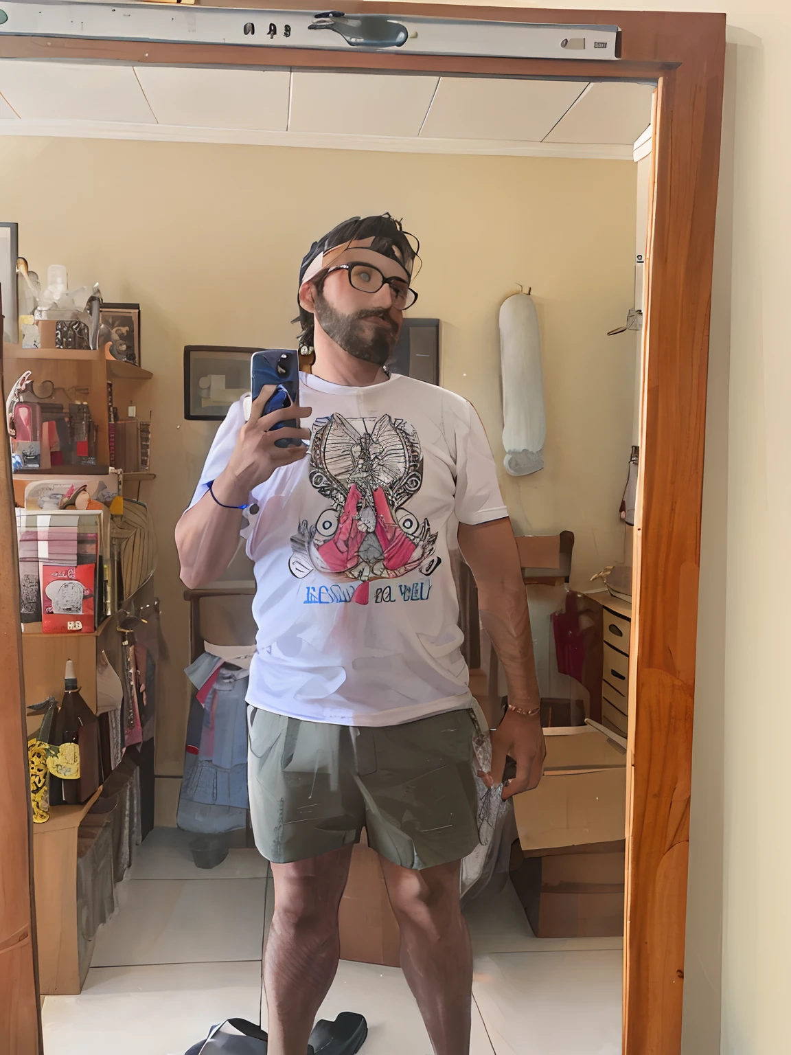 there is a man taking a selfie in a mirror, vestindo um pescador 🧥, vestindo bermuda e camiseta, imagem de corpo inteiro, vestindo camiseta e combates, vestindo uma camiseta, pai hipster, wearing pants and a t-shirt, papai que, me, artista vestindo sujo, foto da roupa, vestindo roupas de homem das cavernas, 2 8 anos