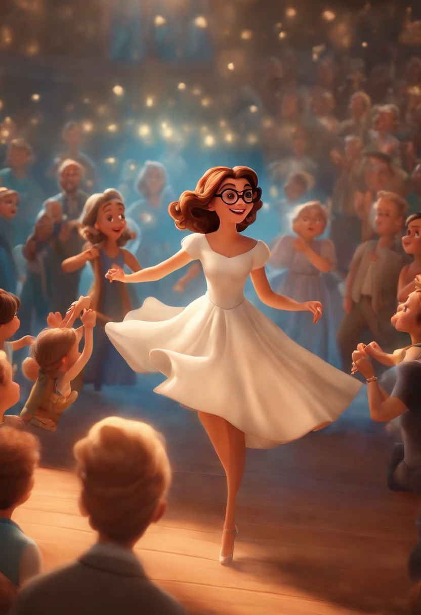 "(best quality,ultra-detalhado,Realistic:1.37),3D rendering,illustration,design de personagens,cabelos curtos e cacheados escuros,belos olhos detalhados,wearing white glasses,Estilo Pixar,morena mulher,Dancing on the Disney stage,atmosfera animada,vivid colors,luzes de palco,expression joyful"