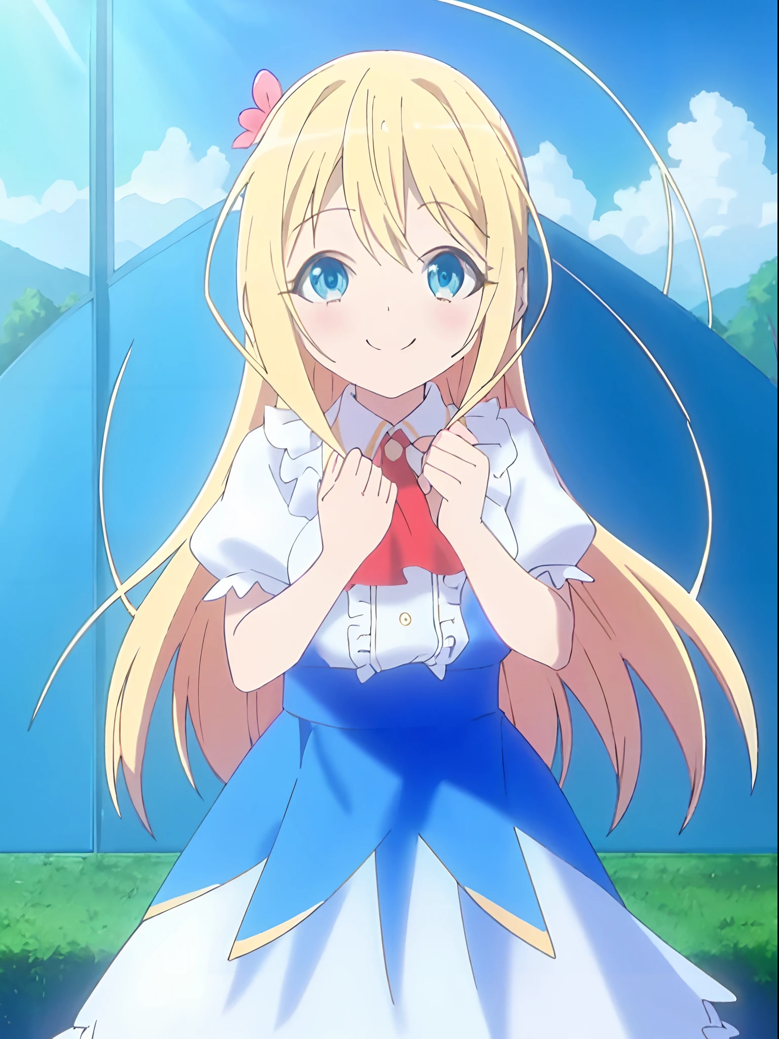 Anime girl in a blue dress with a red tie and a white shirt - SeaArt AI