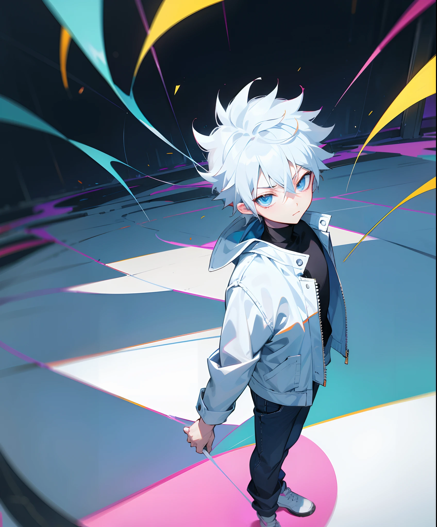 anime boy with white hair and blue eyes in a colorful outfit, anime art wallpaper 8 k, anime art wallpaper 4 k, anime art wallpaper 4k, killua zoldyck portrait, best anime 4k konachan wallpaper, anime wallpaper 4 k, anime wallpaper 4k, killua zoldyck black hair, 4k anime wallpaper, Tokyo, background light, bulidings, standing on buliding, colourful lights, best view, white shoes, denim jacket, black jeans, looking serious, spark in eyes, shadow on ground, looking confident, looking at viewers
