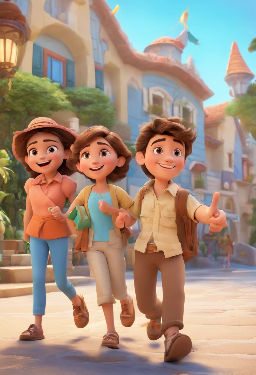 Cartoon of family having fun on vacation together,  3D Animation Movie Poster, Poster de filme animado, pixar 3 d animation style, pixar renderman rendering, maia 8 mil, animated film, Disney Pixar Estilo 3D, amigos felizes saem juntos, all wearing light blue shirts and cream brown long pants, camisa azul clara, cream brown pants, ao ar livre, vacation, Disney Pixar Animation Poster