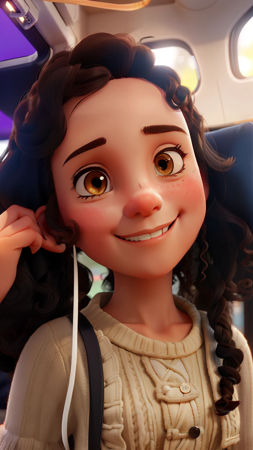 A beautiful girl with medium curly hair with bangs and dark brown, Dark eyes in jeans and white knitting smiling