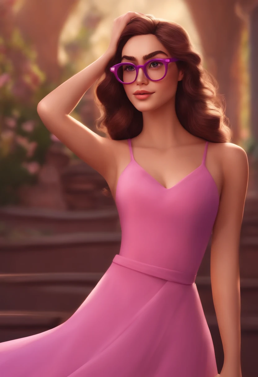 A woman with white skin, long hair and brown with purple glasses in pink dress , Pixar Disney