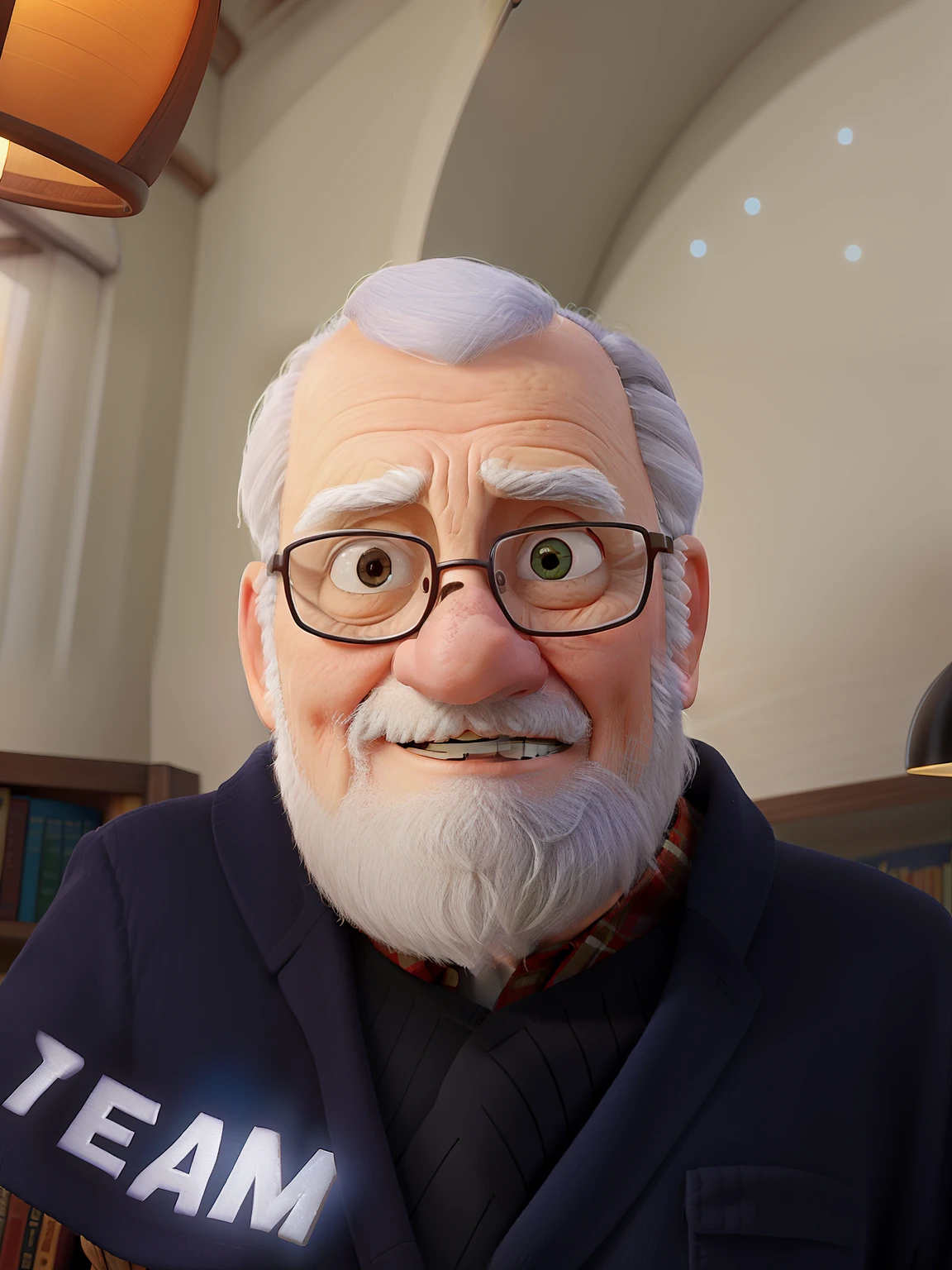 A wise old man standing in front, illuminated by the light of a lamp, against the backdrop of a library