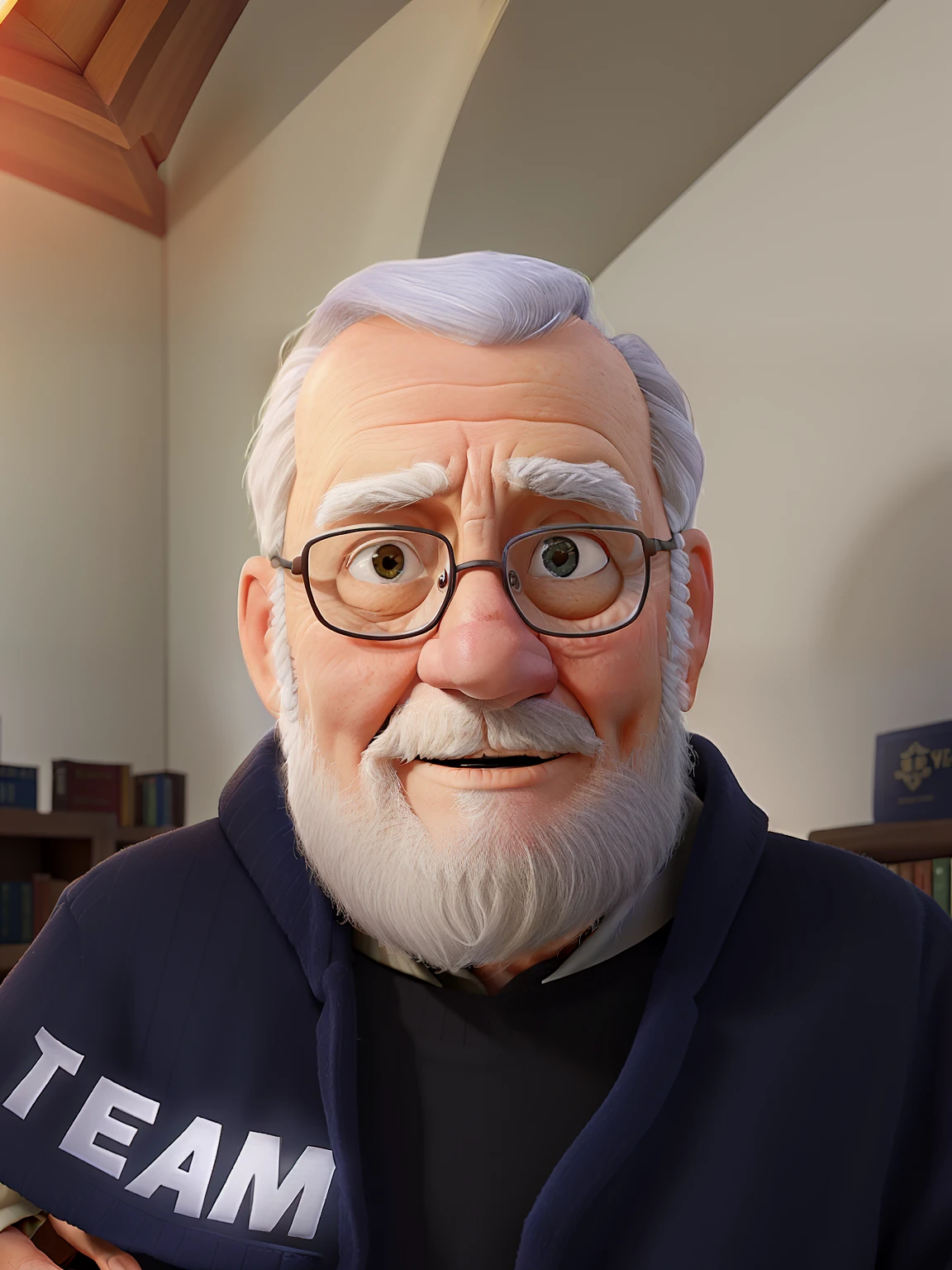 A wise old man standing in front, illuminated by the light of a lamp, against the backdrop of a library