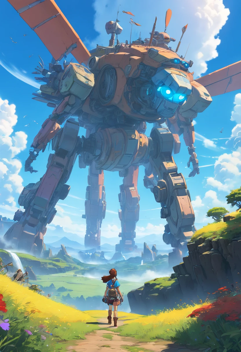 (((ultra realista))) (((4k))) (((8k))) (((HDR))) Cielo azul, nubes, futuro apocalipses, fallout, horizon zero dawn, animales robots