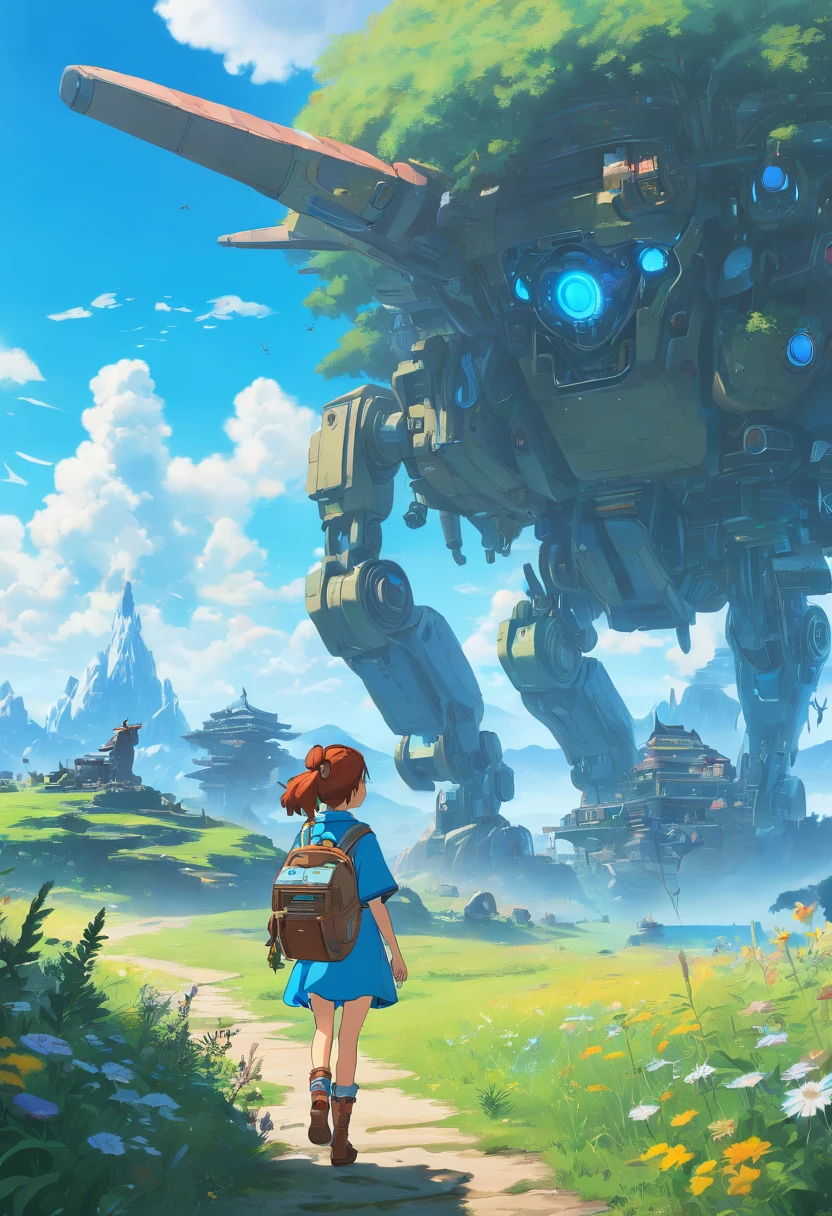 (((ultra realista))) (((4k))) (((8k))) (((HDR))) Cielo azul, nubes, futuro apocalipses, fallout, horizon zero dawn, animales robots