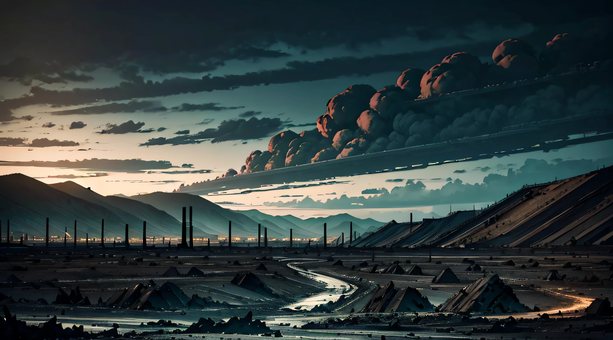 dark landscape, fearful landscape, abomination of desolation, black and gray wastelands filled with nuclear ash, overcast sky, lots of ash, ((empty wastelands)), (covered in ash), dark lighting, (toxic emerald dawn)