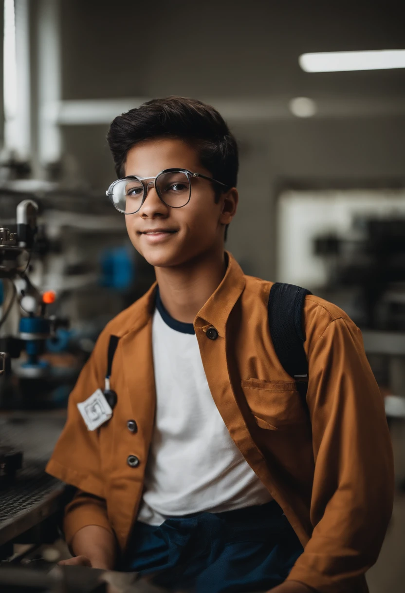 Imagem de um jovem para um post no instagram no formato Pixar, It's young Gabriel, he is a student of the Technical Course in Electromechanics at SENAI Rio do Sul, He's outgoing, Playful and very studious, He's got safety glasses and plentiful hair, He's in a lab with machining equipment and wearing a navy blue lab coat written in white "SENAI"