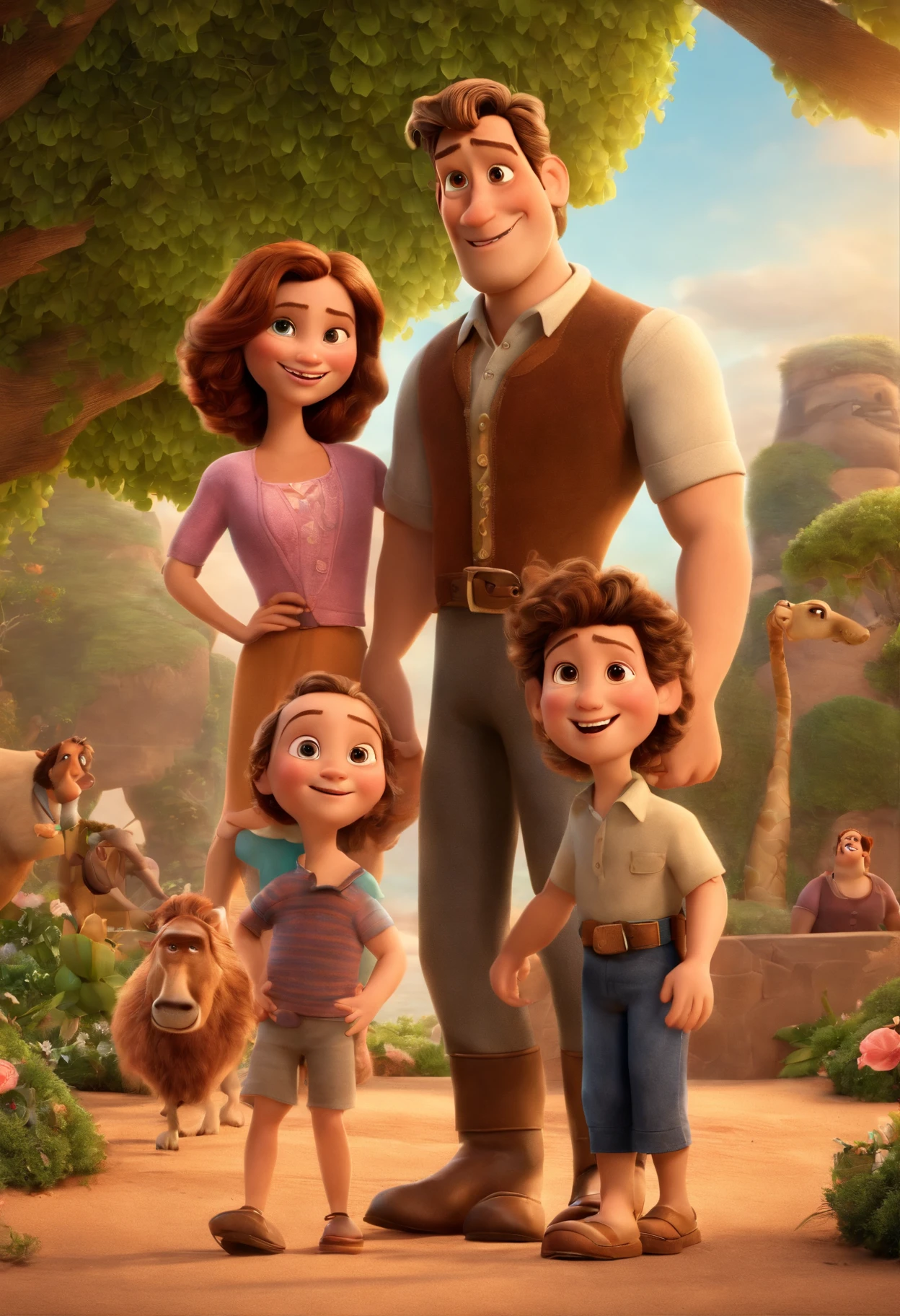 a Disney Pixar movie poster showing a white-skinned family. The father is the tallest, Tem barba curta, loiro, cabelos curtos e espinhosos. The mother has brown eyes and hair, shoulder-length and is slightly overweight. A menina tem 4 anos e cabelos castanhos, roupa rosa e rabos de cavalo. Um menino de 5 anos, segurando uma bola. The background is a beach garden. 3D-rendering