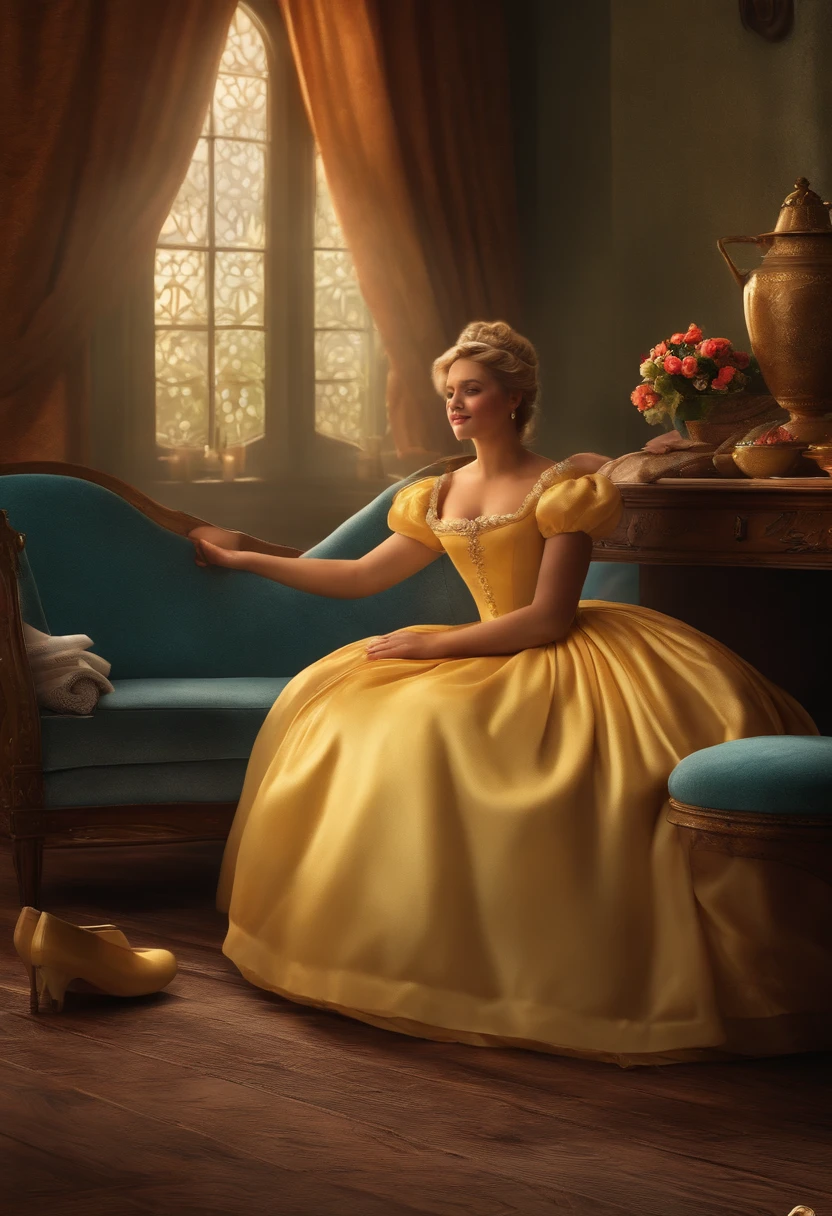 Crie uma cena da vida cotidiana de Cinderela, with her sweeping the floors and washing clothes.
Detalhe: Cinderella's hands calloused by hard work and her determined face.
It shows the half-sisters relaxing while Cinderella works, highlighting the difference in their lives.