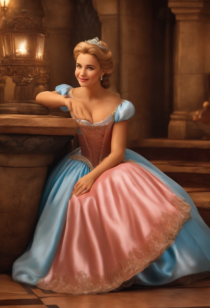 Crie uma cena da vida cotidiana de Cinderela, with her sweeping the floors and washing clothes.
Detalhe: Cinderella's hands calloused by hard work and her determined face.
It shows the half-sisters relaxing while Cinderella works, highlighting the difference in their lives.