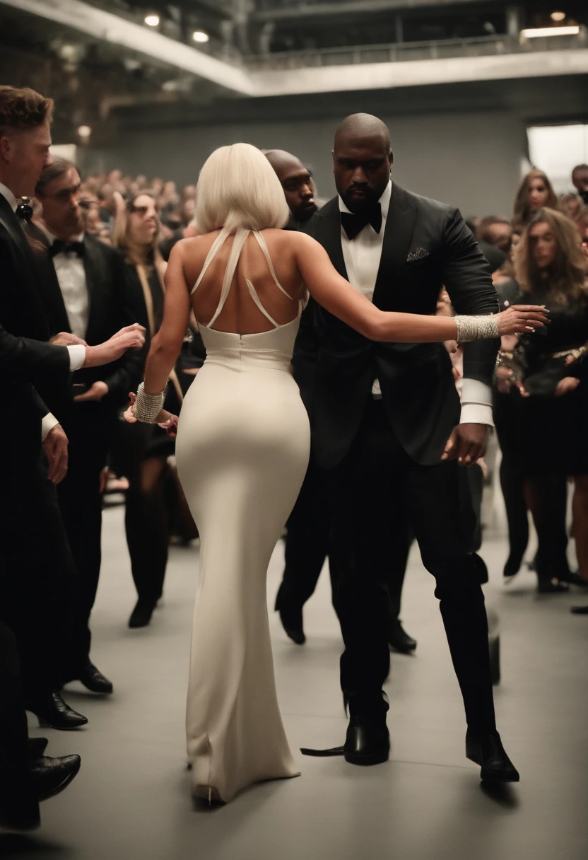 lady gaga kicking Kanye west in the face while Kim Kardashian watches and cheers