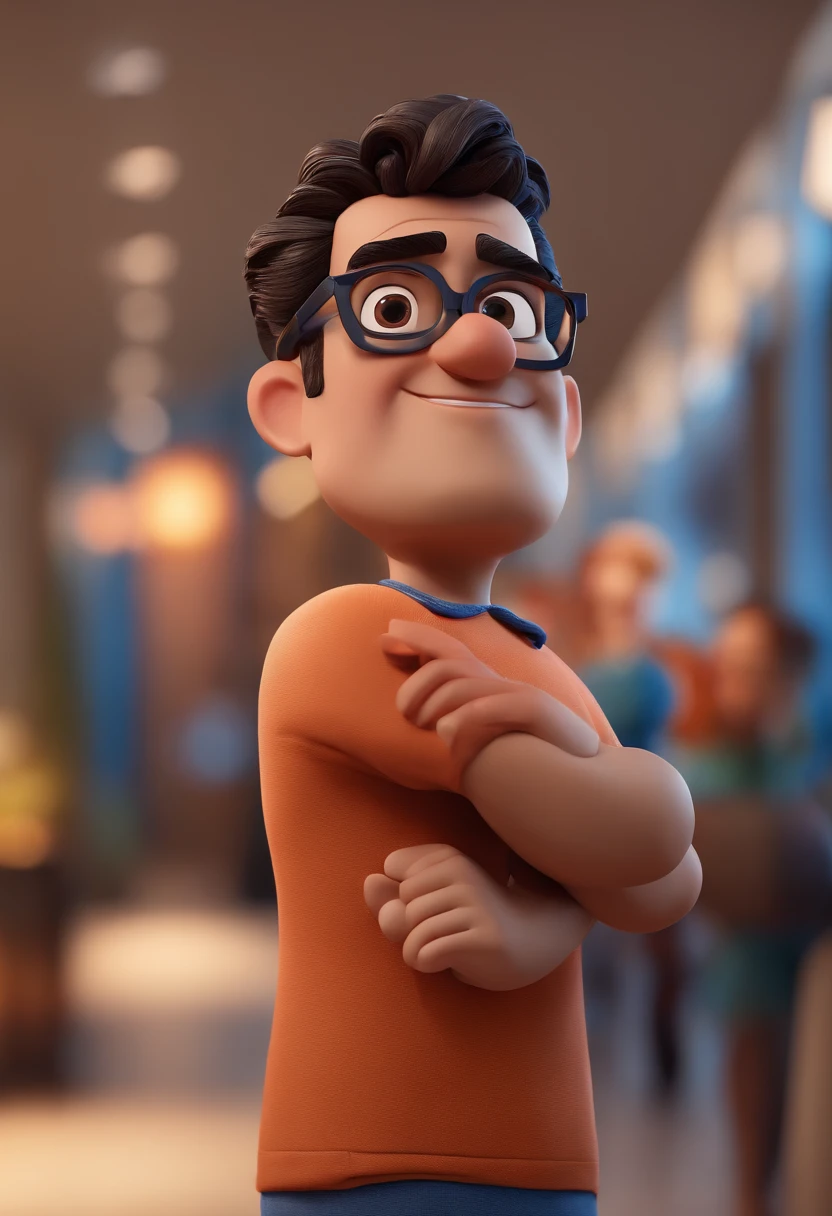 Cartoon character of a man with black glasses and a blue shirt, animation character, Caractere estilizado, animation style rendering, 3D estilizado, Arnold Maya render, 3 d render stylized, toon render keyshot, Personagem 3D, Personagem 3D, 3d rendering stylized, 3 d character render, personagem de desenho animado, Personagem de close up, Pose de personagem,  (Estilo Pixar) (master part:1.2) (Bokeh) (best quality) (pele detalhada) (textura detalhada) (8k) (argila) (Cinematic lighting) (foco nítido