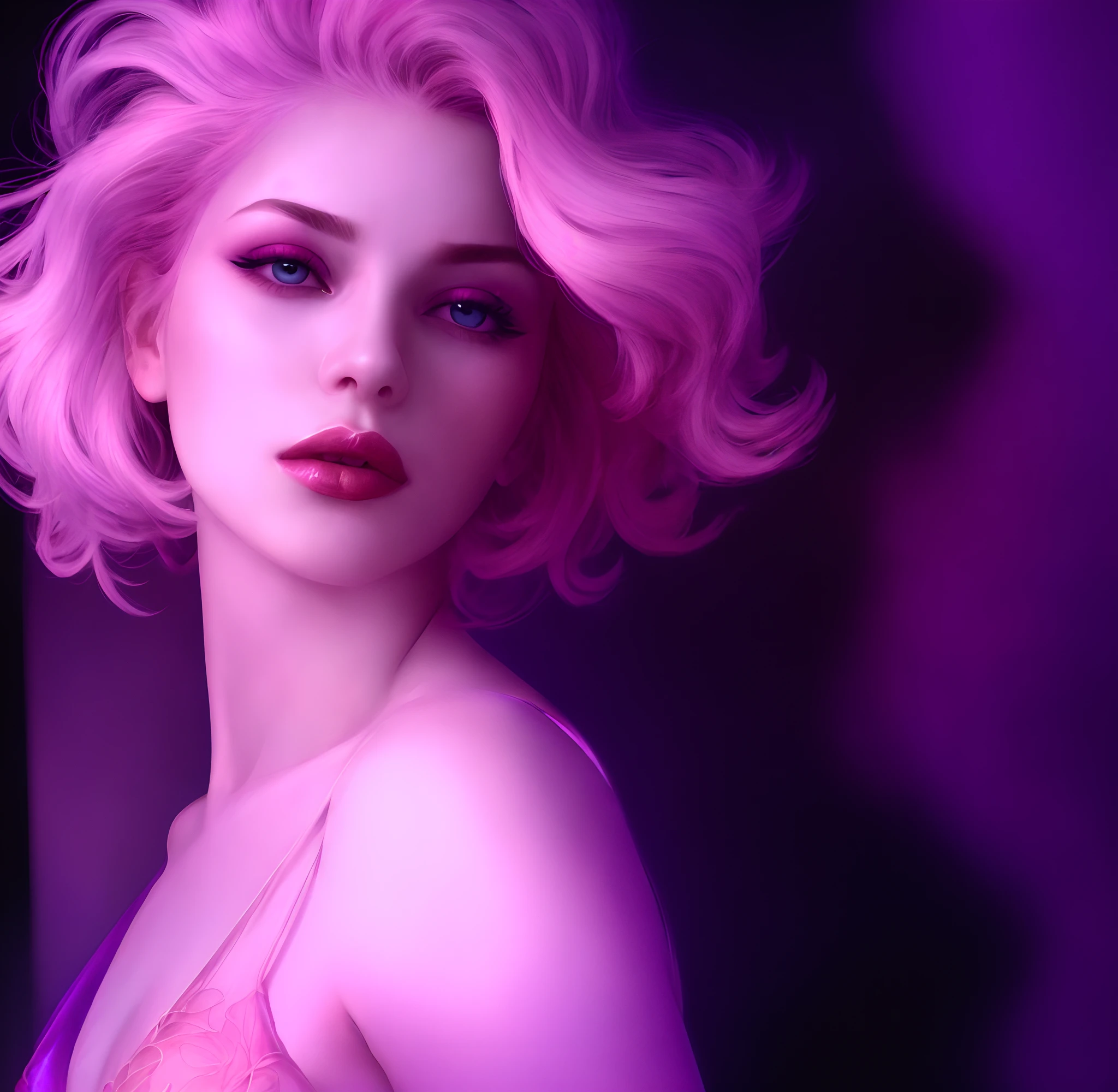 Close-up of a woman with pink hair and purple background, stunning digital illustration, Digital Art Ilya Kuvhinov, Gorgeous digital painting, glossy digital painting, Rosla global lighting, cinematic pastel lighting, stunning digital painting, 8k digital painting, Beautiful digital artwork, inspired by Vincent Lefevre, magenta lighting. fantasy, in style of digital painting,Ultra-realistic graphics,Realiy,sensual lip,mesmerizing eyes,Full breasts,Lips closed