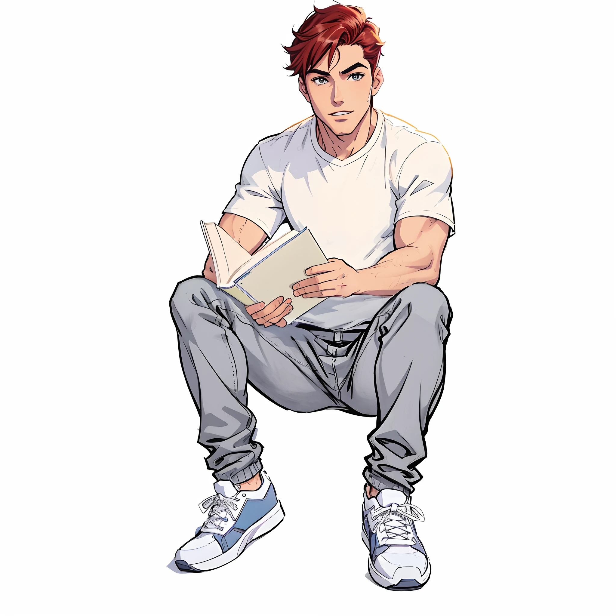homem arafed sentado em um banco lendo um livro, jovem homem de anime, Archie Andrews, adulto jovem masculino, archie comic style, official character illustration, comic character, personagem de quadrinhos, retrato de personagem de corpo inteiro, arte do personagem masculino humano, personagem de anime masculino, design de personagem masculino, personagem masculino, pose de anime bonito, arte oficial do personagem, Retrato de corpo inteiro do personagem