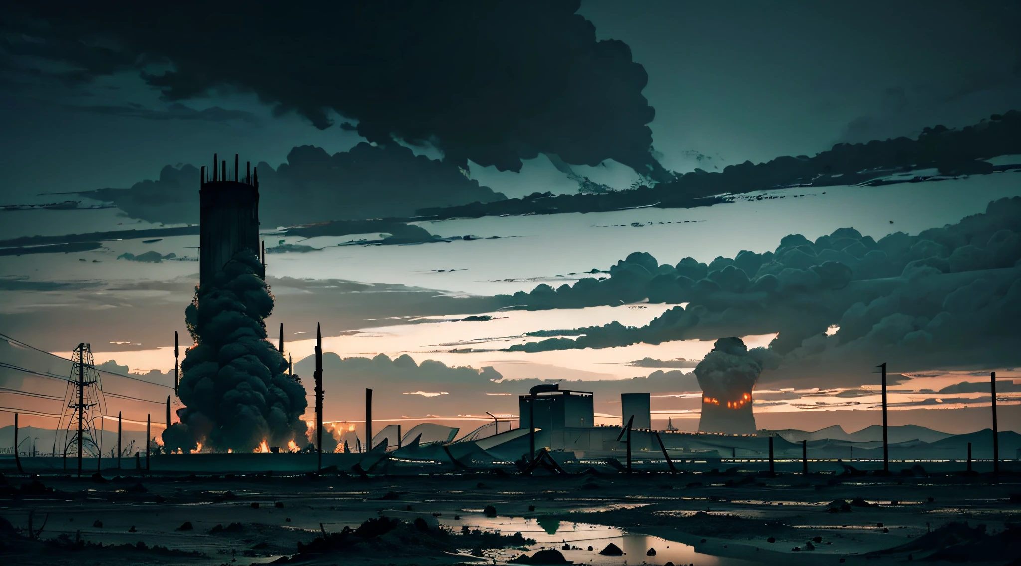 dark landscape, fearful landscape, abomination of desolation, black and gray wastelands filled with nuclear ash, overcast sky, lots of ash, ((empty wastelands)), (covered in ash), dark lighting, (toxic emerald dawn)