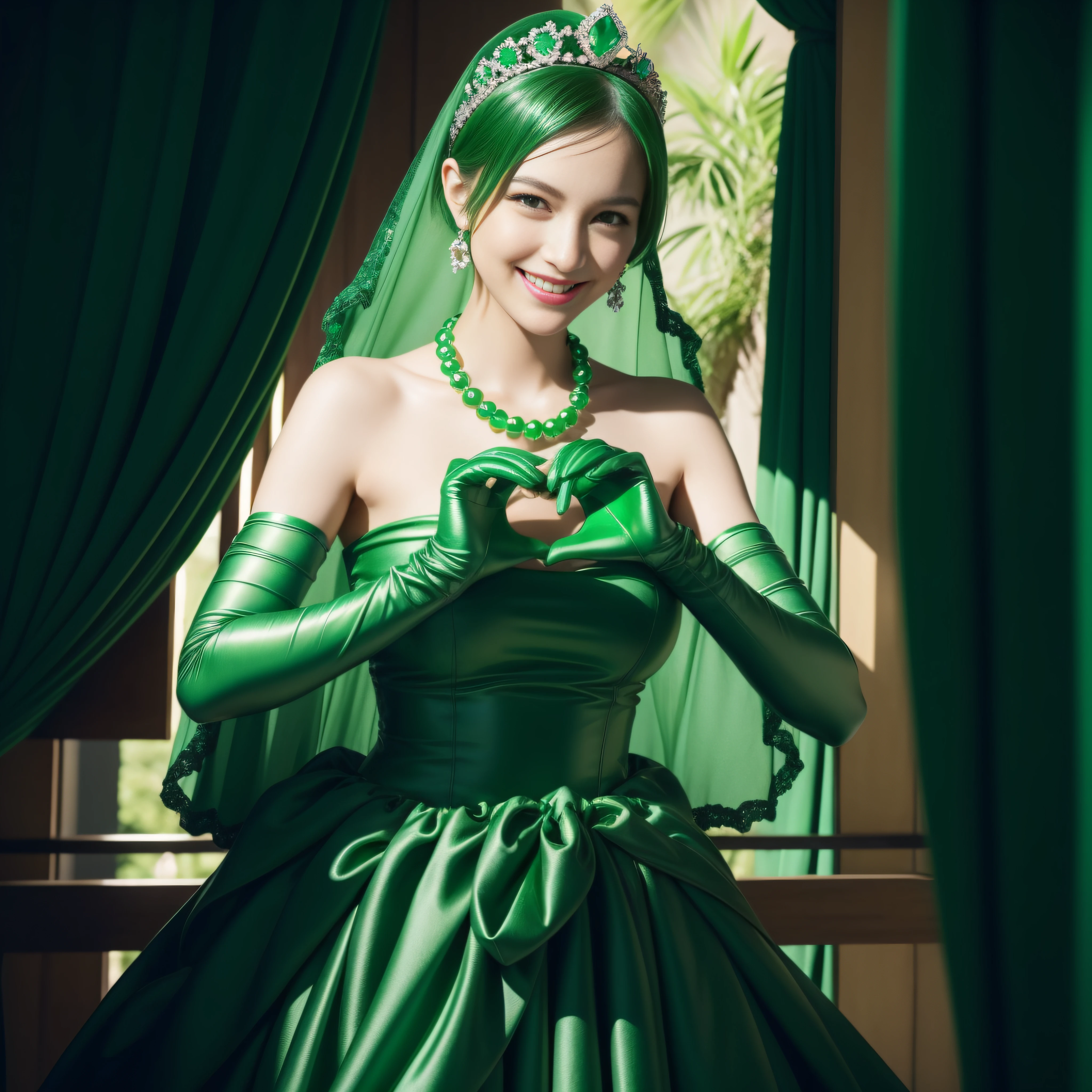 emerald tiara, Green Pearl Necklace, Boyish very short green hair, lipstick, Japan woman smiling, very short hair, big breasts beautiful, green eyes, Long green gloves made of satin material, green eyes, V sign, Emerald Earrings, green vale, 両手でV sign