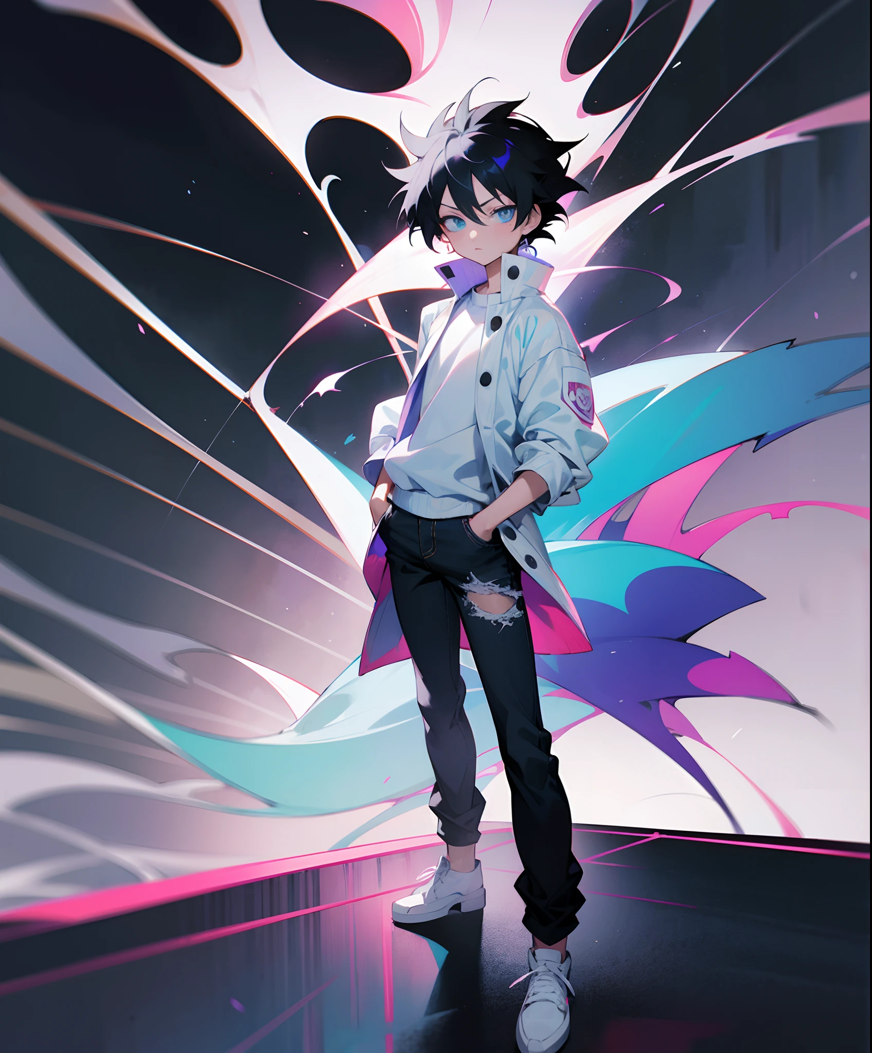 anime boy with white hair and blue eyes in a colorful outfit, anime art wallpaper 8 k, anime art wallpaper 4 k, anime art wallpaper 4k, killua zoldyck portrait, best anime 4k konachan wallpaper, anime wallpaper 4 k, anime wallpaper 4k, killua zoldyck black hair, 4k anime wallpaper, Tokyo, background light, bulidings, standing on buliding, colourful lights, best view, white shoes, denim jacket, black jeans, looking serious, spark in eyes, shadow on ground, looking confident, looking at viewers
