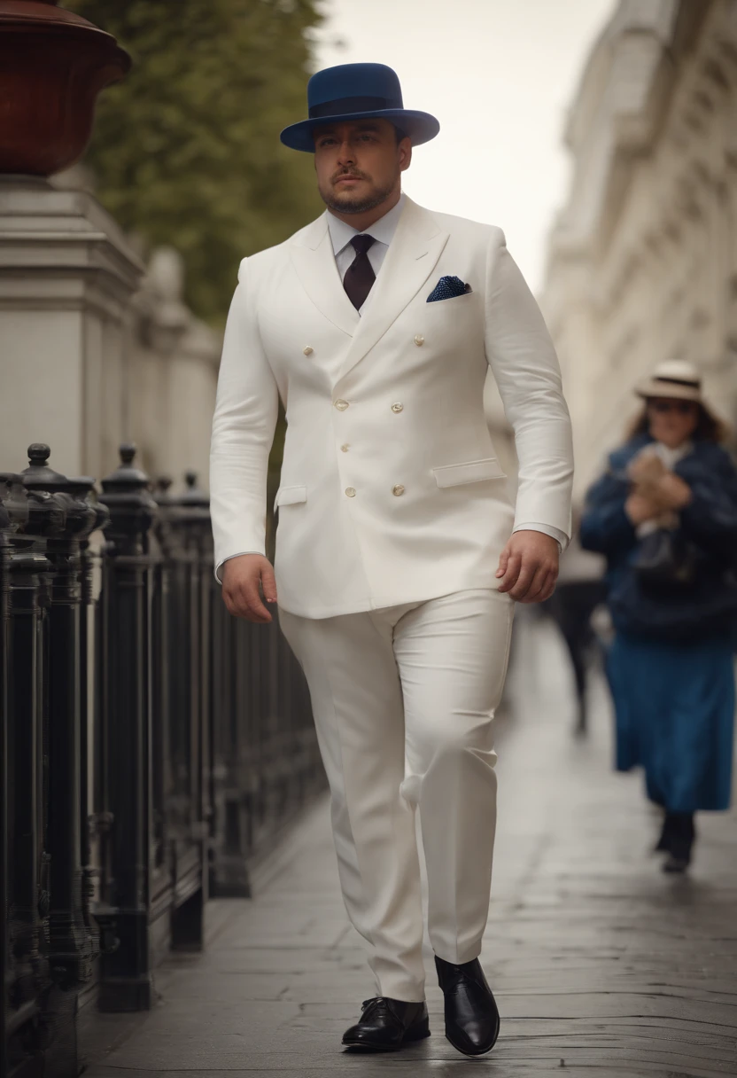 a 30 year old man, pretty fat, very well dressed, with a beautiful white suit, with a white shirt, a blue tie, wearing a white hat, with black shoes, with the posture of being a very rich man and, in a way , from a very large intelligentsia, crossing a square in Vienna, Austria