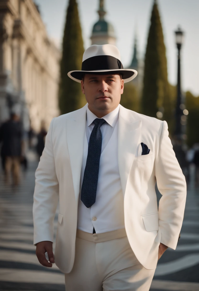 a 30 year old man, pretty fat, very well dressed, with a beautiful white suit, with a white shirt, a blue tie, wearing a white hat, with black shoes, with the posture of being a very rich man and, in a way , from a very large intelligentsia, crossing a square in Vienna, Austria