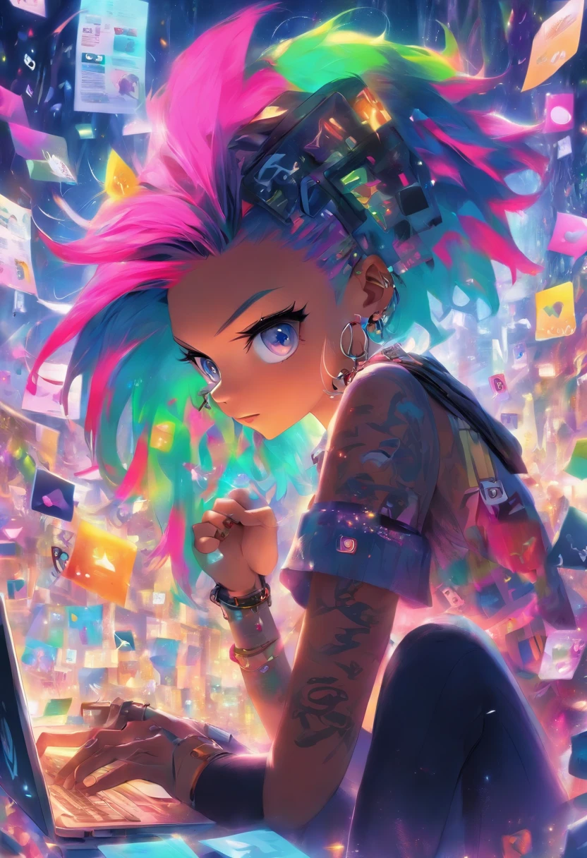 Punk style girl with rainbow hair reading her emails messages on her laptop, In the background various message envelope symbols, alta resolução