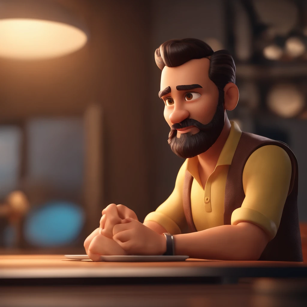 Personagem de desenho animado de um homem jovem e uma camisa preta, com barba, cabelo escuro, penteado topete, animation character, Caractere estilizado, animation style rendering, 3D estilizado, Arnold Maya render, 3 d render stylized, toon render keyshot, Personagem 3D, Personagem 3D, 3d rendering stylized, 3 d character render, personagem de desenho animado, Personagem de close up, Pose de personagem, (Estilo Pixar) (master part:1.2) (Bokeh) (best quality) (pele detalhada) (textura detalhada) (8k) (argila) (Cinematic lighting) (foco nítido