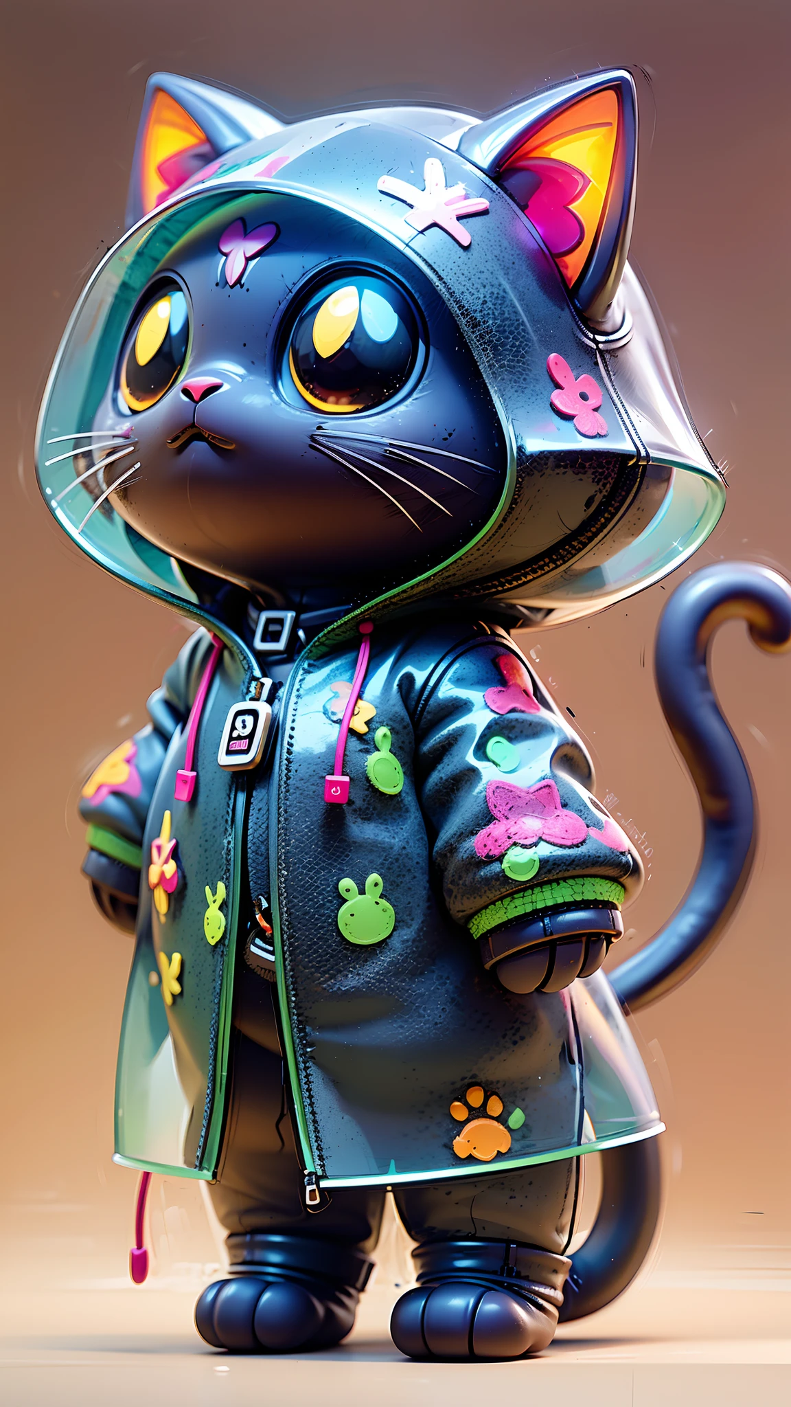 Pixar style,MG ip,cat,solo,hood,tail,black cat,no humans,shiny,1other,zipper,raincoat,standing,cat tail,cat hood,full body,cat ears,shiny clothes,animal hood,jacket,animal ears,simple background,see-through,whiskers,glowing,animal,