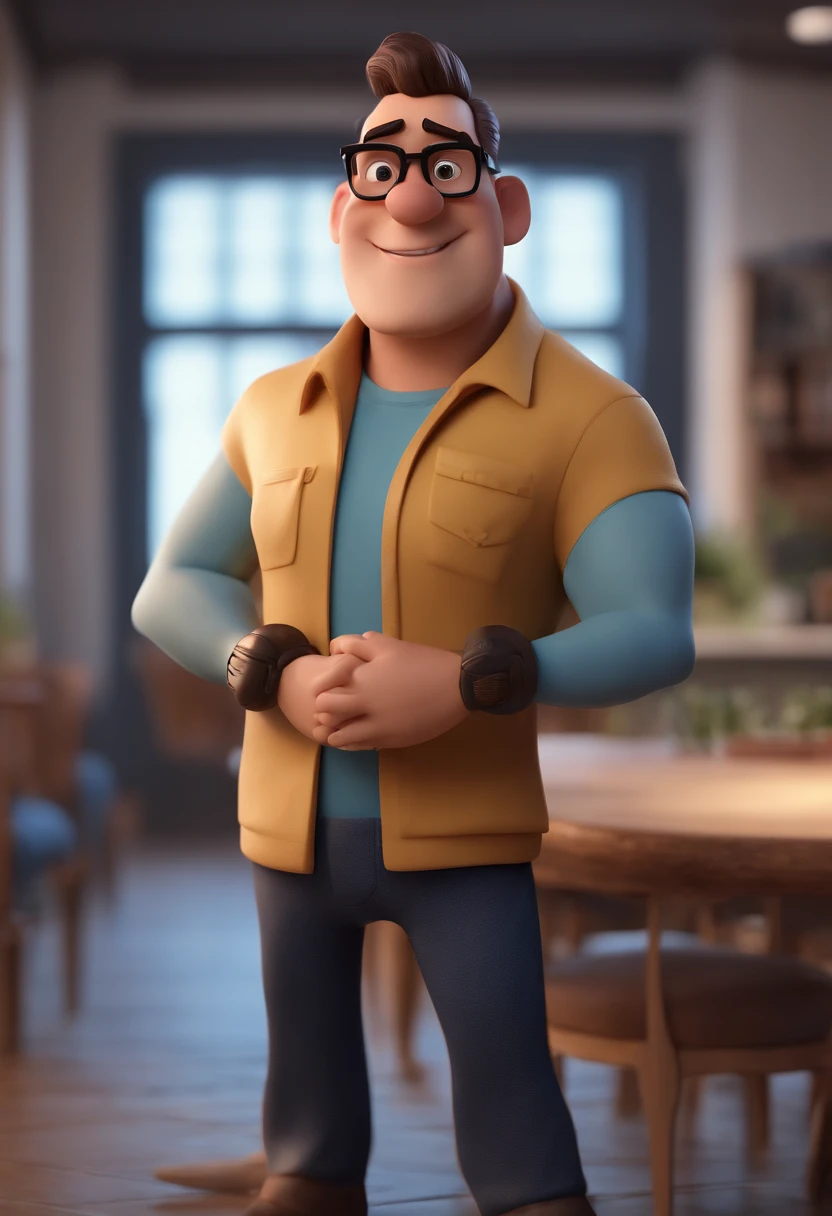 Cartoon character of a man with black glasses and a blue shirt, animation character, Caractere estilizado, animation style rendering, 3D estilizado, Arnold Maya render, 3 d render stylized, toon render keyshot, Personagem 3D, Personagem 3D, 3d rendering stylized, 3 d character render, personagem de desenho animado, Personagem de close up, Pose de personagem,  (Estilo Pixar) (master part:1.2) (Bokeh) (best quality) (pele detalhada) (textura detalhada) (8k) (argila) (Cinematic lighting) (foco nítido