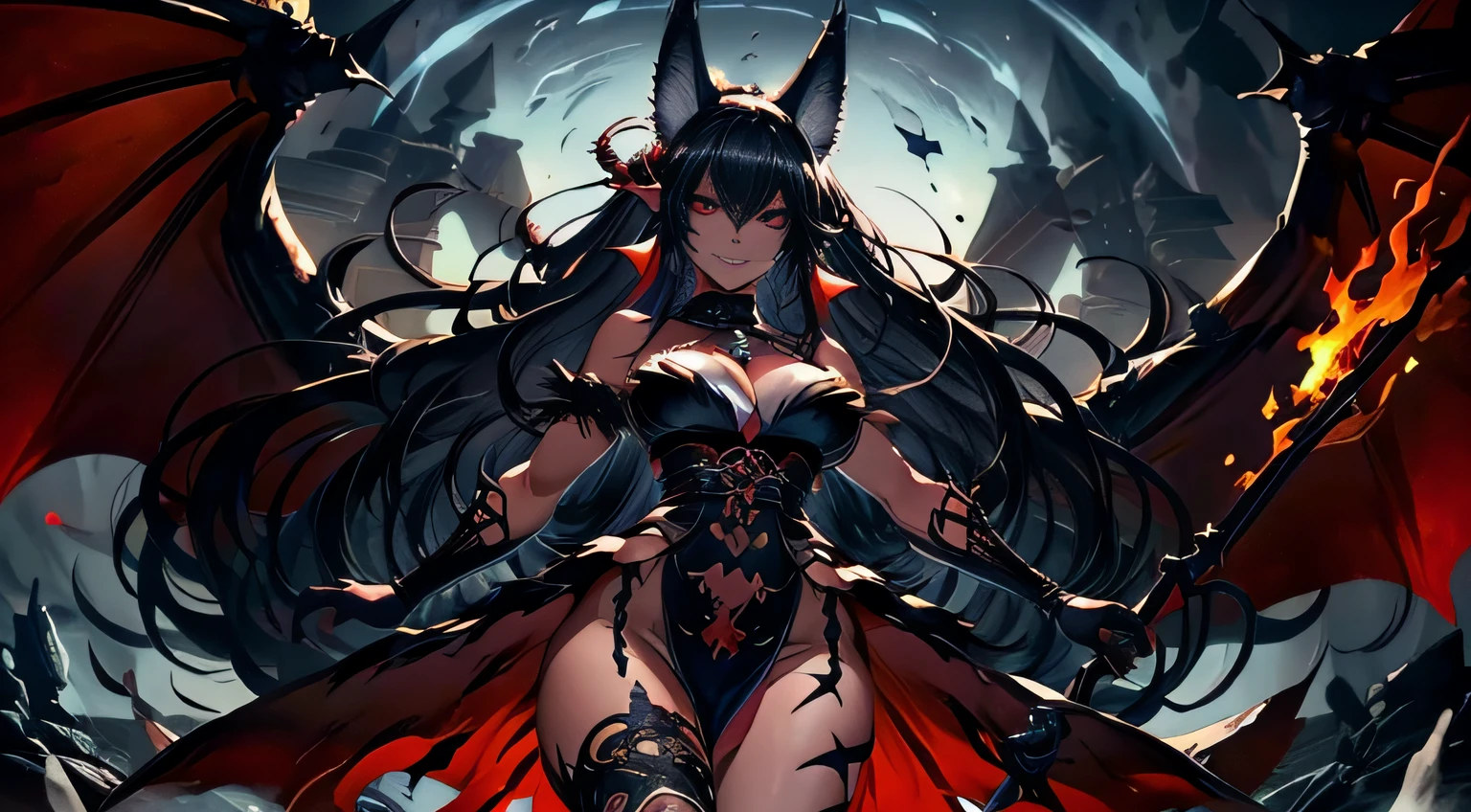 8k_wallpaper, extremely detailed eyes, extremely detailed body, (large masterpiece digital art), (detailed manga illustration), (detailed line art), ((perfect anatomy)), (intricate details:1.3), (ultra-detailed:1.3), (illustration:1.3), (sharp focus:1.3), (natural lighting:1.05), (vivid colors:1.3), (masterpiece), (best quality:1.4), (perfect anatomy:1.4), high quality, expressive eyes, full body, detailed face, beautiful face, perfect face, 1girl, dark skin, animal ears, black sclera, smile, colored sclera, breasts, solo, monster girl, animal hands, black hair, (wolf ears), large breasts, curvy, wide hips, long hair, ((red eyes)), claws, grin, fur, looking at viewer, collar, dynamic pose, tail, wolf tail, dragon horns, wings, sadistic smile, hair over eye, regal outfit, formal, tiny top hat, (hellscape background), blue fire, boulder, hell, molten rock, rock, scenery, skull, lava, fire, black castle,