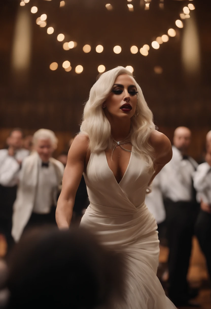 lady gaga kicking Kanye west in the face with her foot at a gala while Kim Kardashian watches and cheers her on