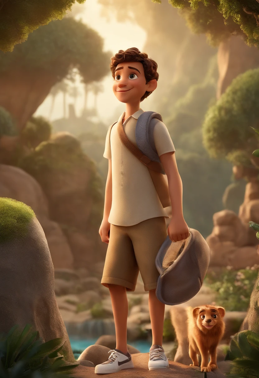 Poster 3D inspirado na Disney/Pixar capturing a scene with the title "Vitor" um garoto de com pouca barba que se concentra apenas em seu queixo de remendo a alma, cabelo desbotado de navalha preta, camisa branca, Short white shorts and a white sneaker with concealer symbol.
