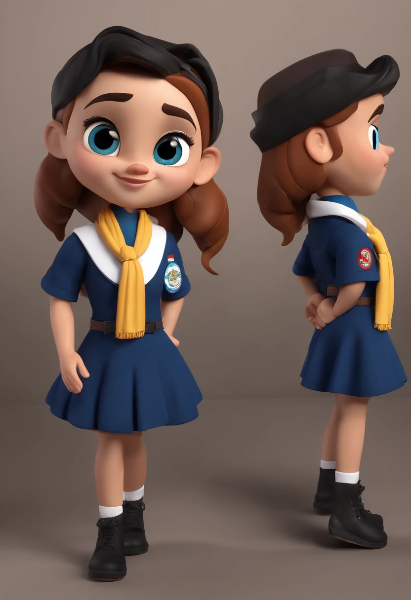 Cartoon character of a Girl Scout with a navy blue cap and a navy blue short-sleeved shirt with the white Boy Scout scarf, animation character, Caractere estilizado, animation style rendering, 3D estilizado, Arnold Maya render, 3 d render stylized, toon render keyshot, Personagem 3D, Personagem 3D, 3d rendering stylized, 3 d character render, personagem de desenho animado, Personagem de close up, Pose de personagem,  (Estilo Pixar) (master part:1.2) (Bokeh) (best quality) (pele detalhada) (textura detalhada) (8k) (argila) (Cinematic lighting) (foco nítido