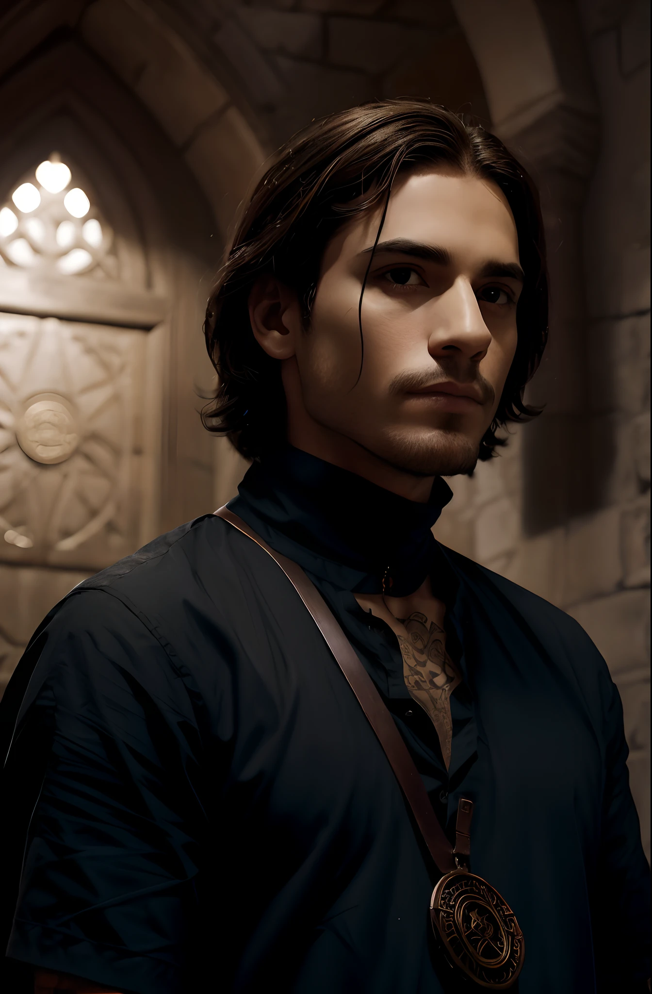 um homem sem barba, Her facial features are well-defined and her skin is smooth and thin. The image quality is (melhor qualidade, 4k, 8k, alto, master part:1.2), ultra-detalhado, (Realistic, fotorrealista, photo-realistic:1.37). The lighting is soft and warm, criando uma atmosfera natural e convidativa. There are no distractions in the background, permitindo que o foco esteja no rosto do homem. The color palette is natural and subtle, com um toque de tons quentes. The art style is a combination of portraits and concept art, showcasing the man's unique personality and character. Em um mundo de Dungeons and Dragons, where magic and the occult were a present force, um jovem era um necromante. This man is an enigmatic figure, Wrapped in a mystical style, tem cabelos curtos e ondulados, negros como a meia-noite. Her pale black eyes emanated intense power, But they also hid the weight of wisdom gained from exploring the forbidden depths of necromancy. Vestido inteiramente de preto, The man wore a fabric blouse with an open collar and brown pants that seemed to absorb the light around him. The accessories he carried were minimalist, mas significativos. Ele usava um colar de prata com pingente, symbolizing your connection to death and the passage to the realm of the dead. He's got only a dark ebony wand, plus runes and magic circles tattooed on his hands, But it leaves your face visible.