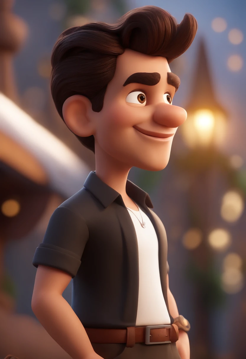 Cartoon character of a man wearing basic black shirt, calca marrom, magro,  com cabelo preto curto, topete caido pro lado esquerdo,  barba grande,  rosto fino, segurando flores , sorrindo,  em um studio de fotos, um personagem animado, Caractere estilizado, animation style rendering, 3D estilizado, Arnold Maya render, 3 d render stylized, toon render keyshot, Personagem 3D, Personagem 3D, 3d rendering stylized, 3 d character render, personagem de desenho animado, Personagem de close up, Pose de personagem,  (Estilo Pixar) (master part:1.2) (Bokeh) (best quality) (pele detalhada) (textura detalhada) (8k) (argila) (Cinematic lighting) (foco nítido