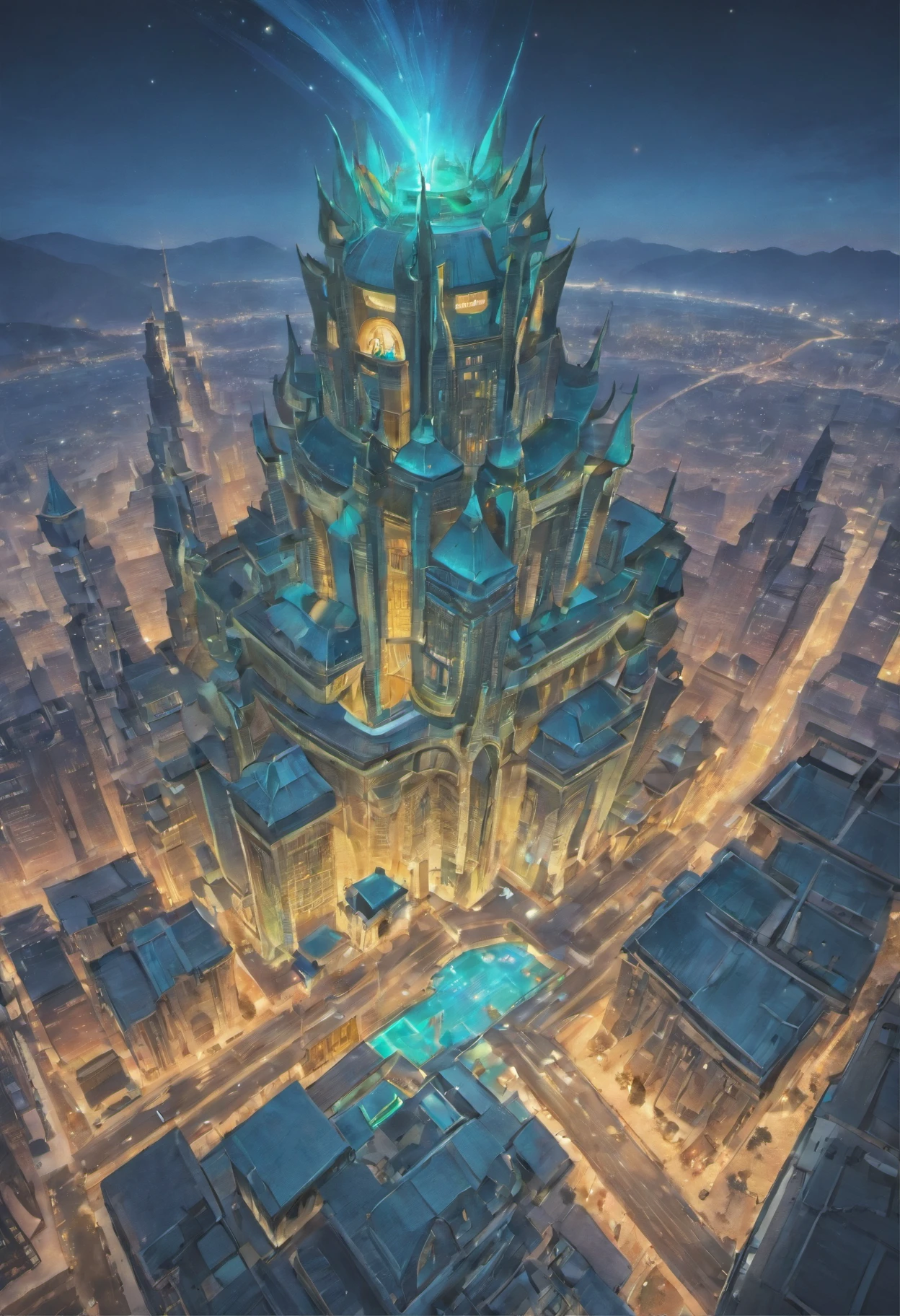 alien age, Curvilinear buildings, Translucent metal for building forms, castelo, Aerial view, Night scenery, arte de fantasia, arte Clemilton Barbosa, detalhes intrincados, 16K crystal clear blue sky, magia roxa