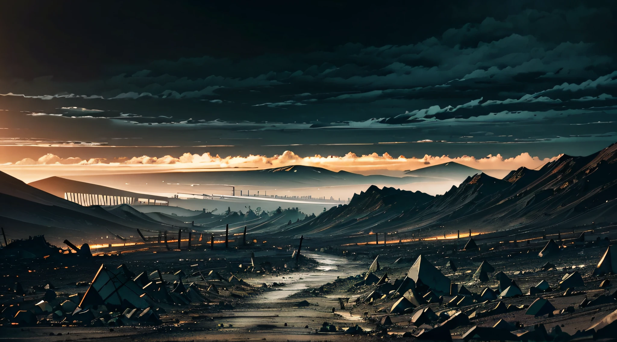 dark landscape, fearful landscape, abomination of desolation, black and gray wastelands filled with nuclear ash, overcast sky, lots of ash, ((empty wastelands)), (covered in ash), dark lighting, (toxic emerald dawn)