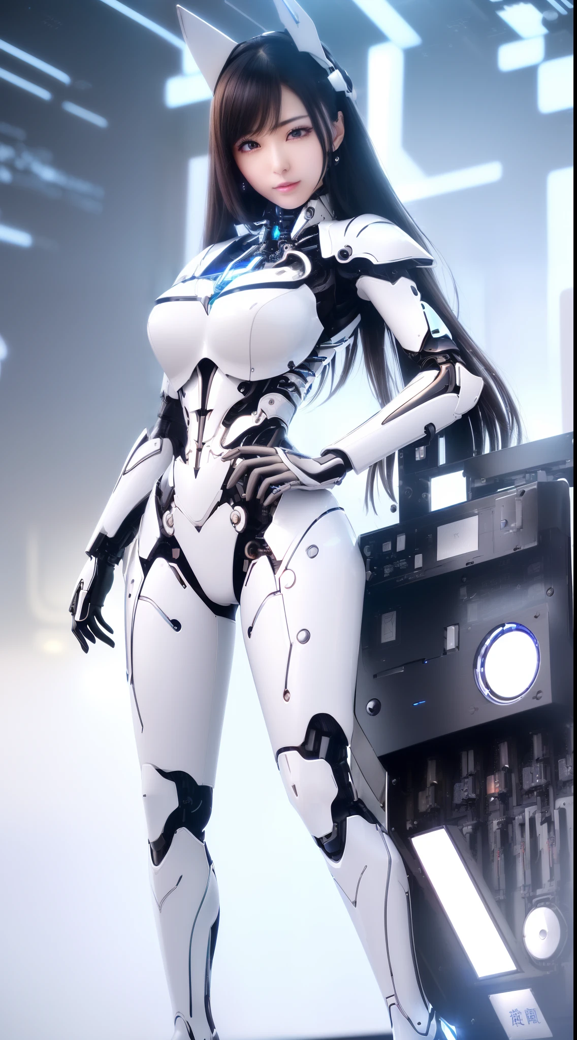 cultivation tank, (16K RAW Photo ),（CanonEOS, Lens, 85mm F1.2,  ISO100,  ShutterSpeed500), ((nudity)),  ((masterpiece, best quality, beautiful and aesthetic:1.0)),  ((ultra-detailed)),  cinematic light,  ((1girl:1.3)),  (character focus), smile, looking at viewer,  ((white and silver cybernetic implants)), blood vessels connected to tubes, mechanical vertebra attaching to back, ((colored electronic cables and chips:1.0)), (((full of optical fiber cables that are wired in the implanted parts in the body covered translucent metallic skin:1.0))),  ((large breasts:1.0)),  ((mechanical limbs)), biomechanical, ((Colorful high ponytail)),  (machine made joints:0.8),  ((mechanical headphones)),  ((body of precision machine:1.0)),  (wires and cables attaching to body:1.2)),  (in container:1.6),  (mechanical parts:0.5)