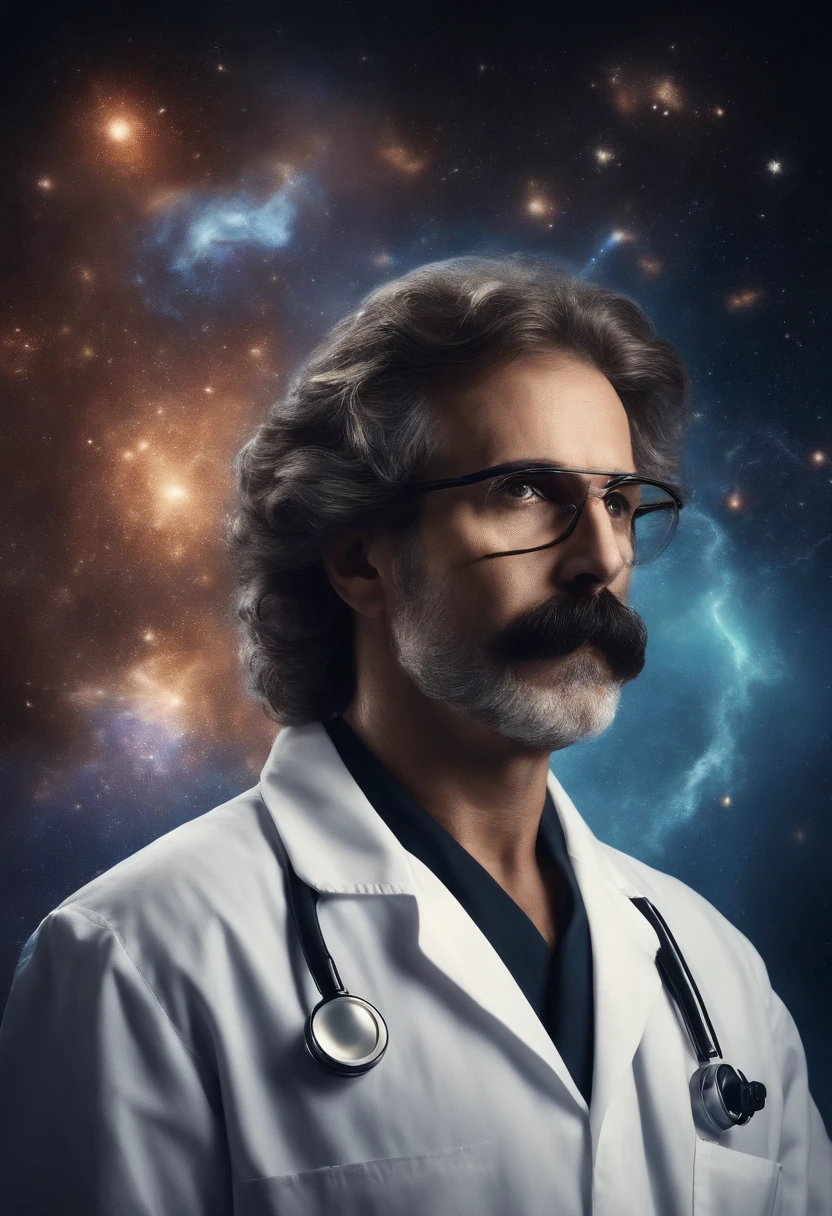 (Rosto superdetalhado, realistic lighting, vivid colors, High resolution painting:1.1), genie, physics, quadro-negro, messy hair, olhar intenso, Iconic pose, velho, White lab coat, Iconic mustache, rugas profundas, olhos penetrantes, wise expression, Scientific equations, Historical Figure, Mathematical formulas, Resumo Antecedentes, scientific discovery, revolutionary scientist