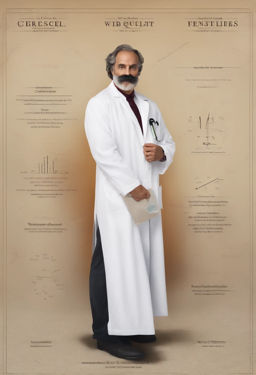 (Rosto superdetalhado, realistic lighting, vivid colors, High resolution painting:1.1), genie, physics, quadro-negro, messy hair, olhar intenso, Iconic pose, velho, White lab coat, Iconic mustache, rugas profundas, olhos penetrantes, wise expression, Scientific equations, Historical Figure, Mathematical formulas, Resumo Antecedentes, scientific discovery, revolutionary scientist