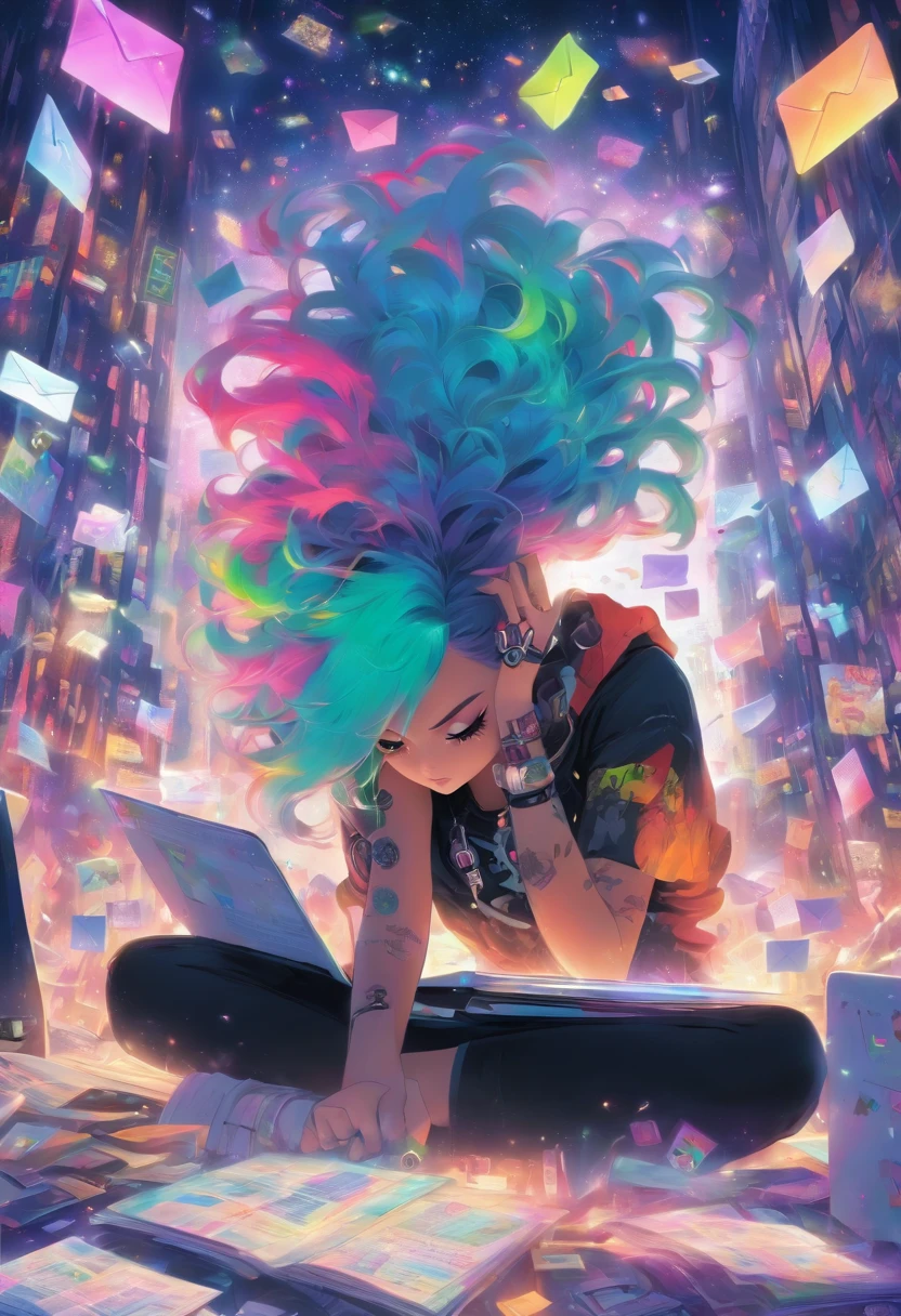 Punk style girl with rainbow hair reading her emails messages on her laptop, In the background various message envelope symbols
