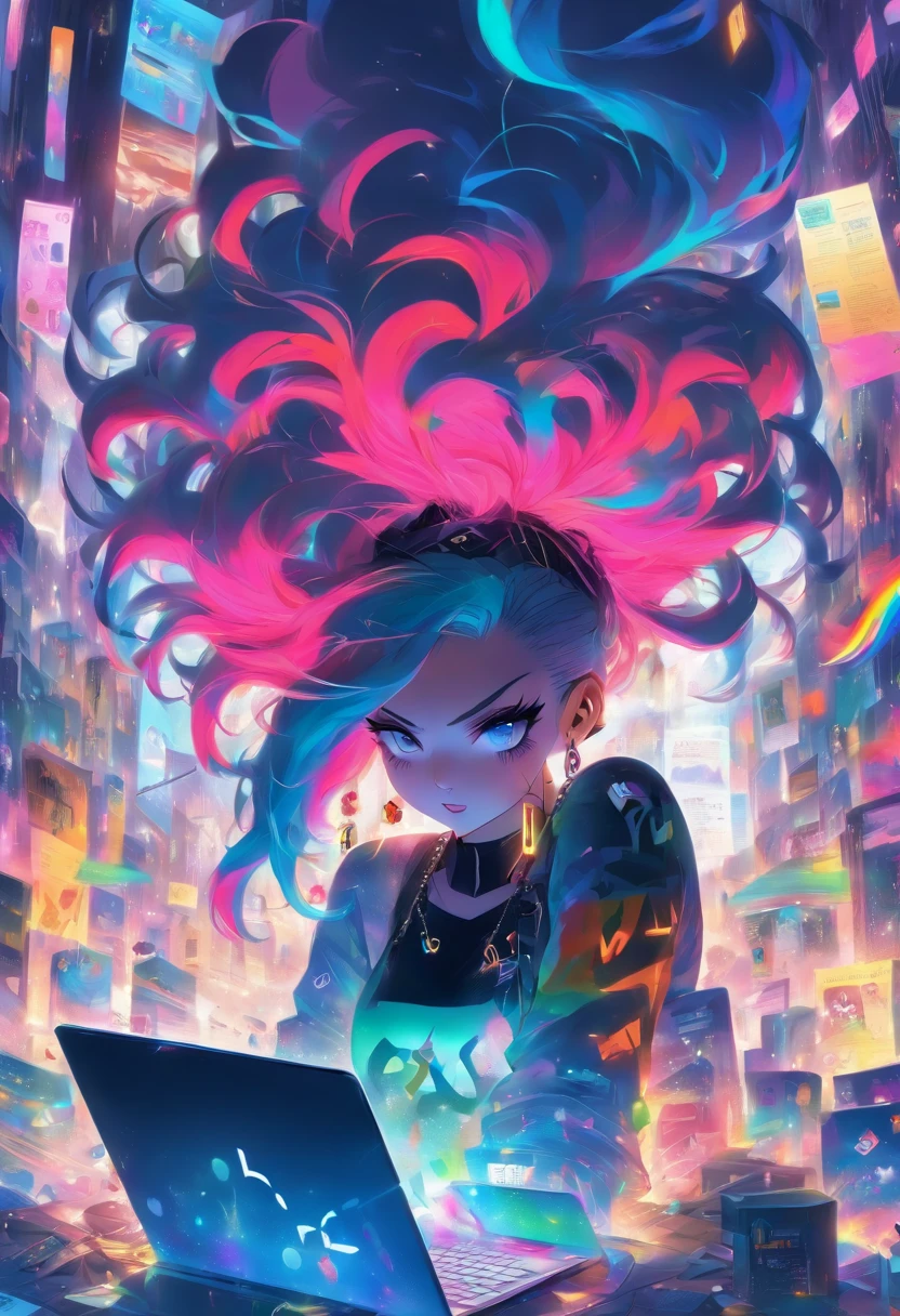 Punk style girl with rainbow hair reading her emails messages on her laptop, In the background various message envelope symbols