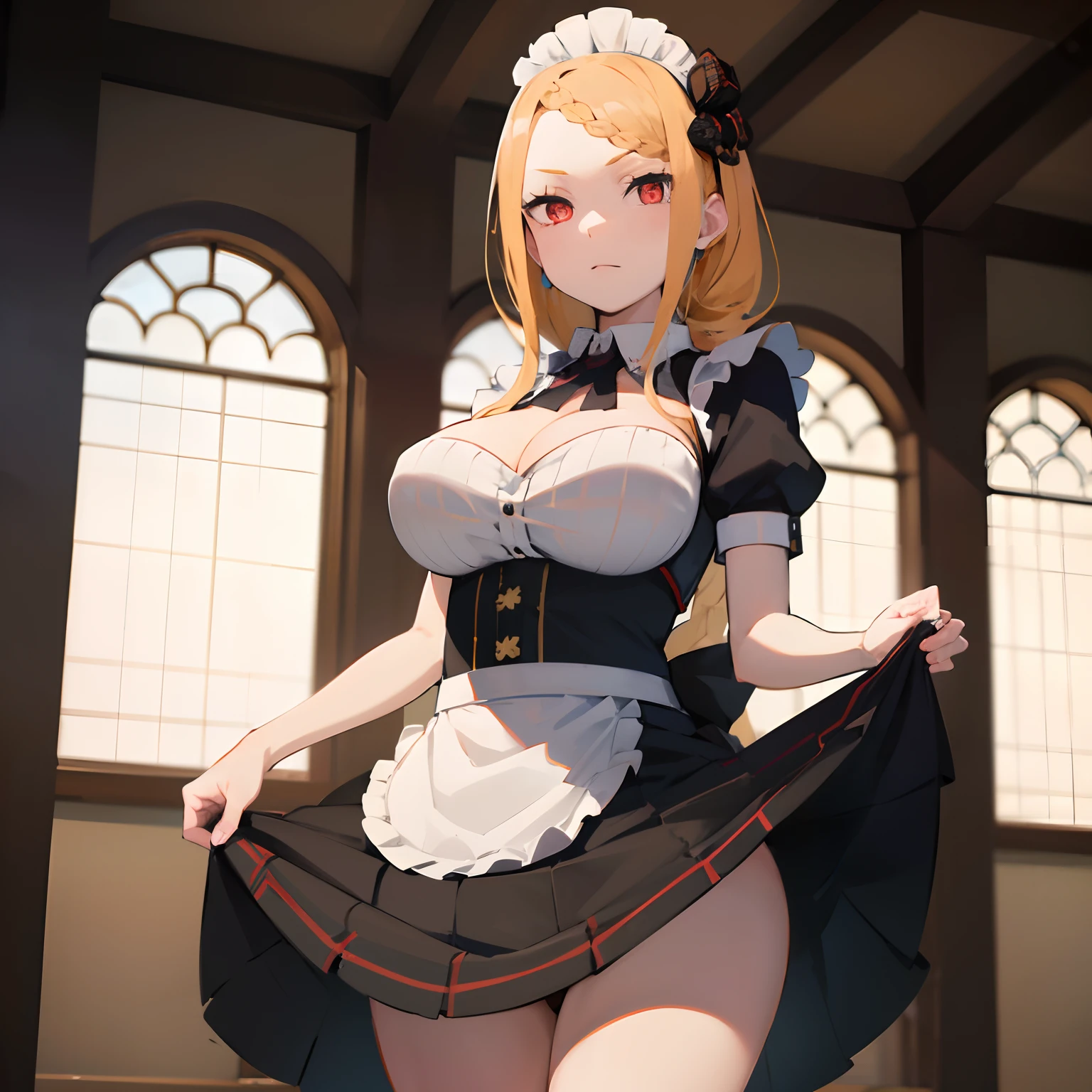 masterpiece, best quality, highres, hmpris, long hair, (braided bangs:1.4), low ponytail, red eyes, maid uniform, large breasts, looking at viewer, thighs, (skirt hold:1.4), indoors, medieval setting