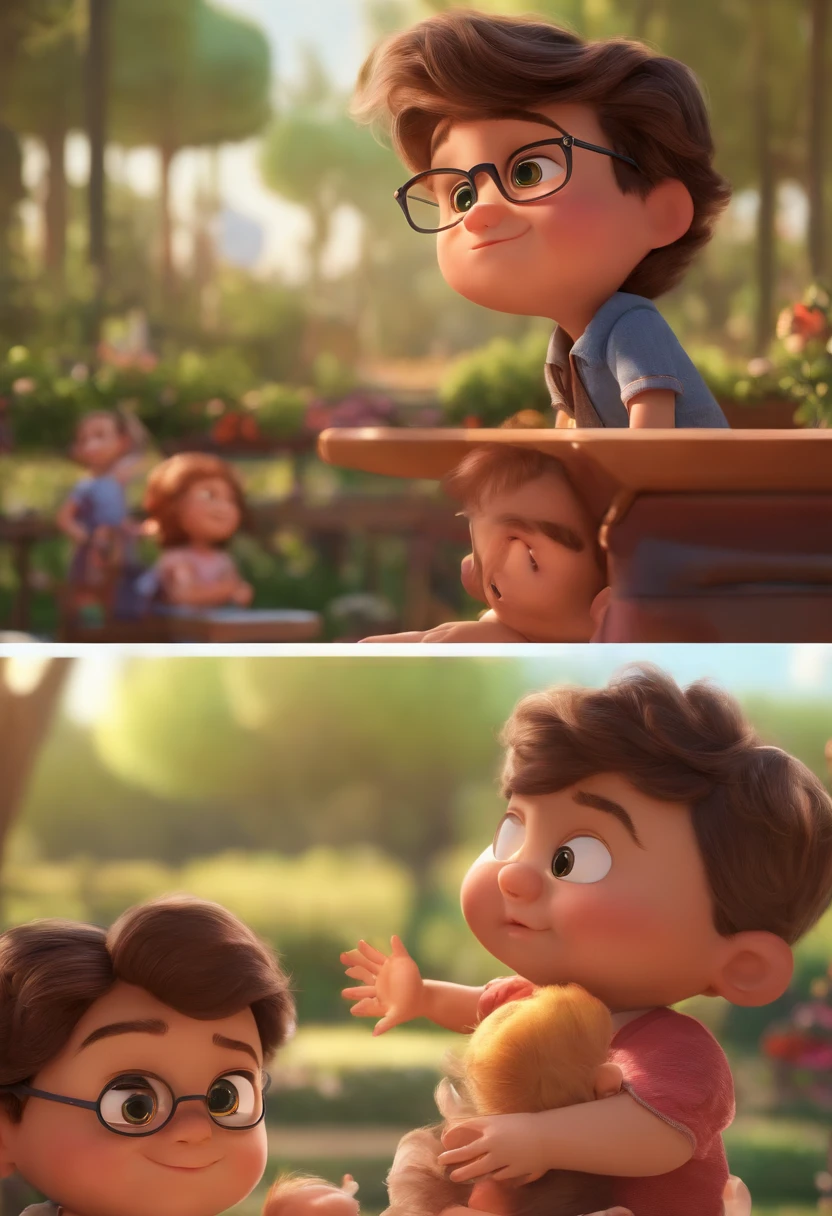 Boy: Miguel, About 5 years old, Short hair in Disney style, Brown eyes and a smile. Girl: Giovana, 2 years old, Long black hair and blue eyes. Scenes: Miguel and Giovanna in a cozy little house in the valley, In the background of a sunny day, Highlight the sun.