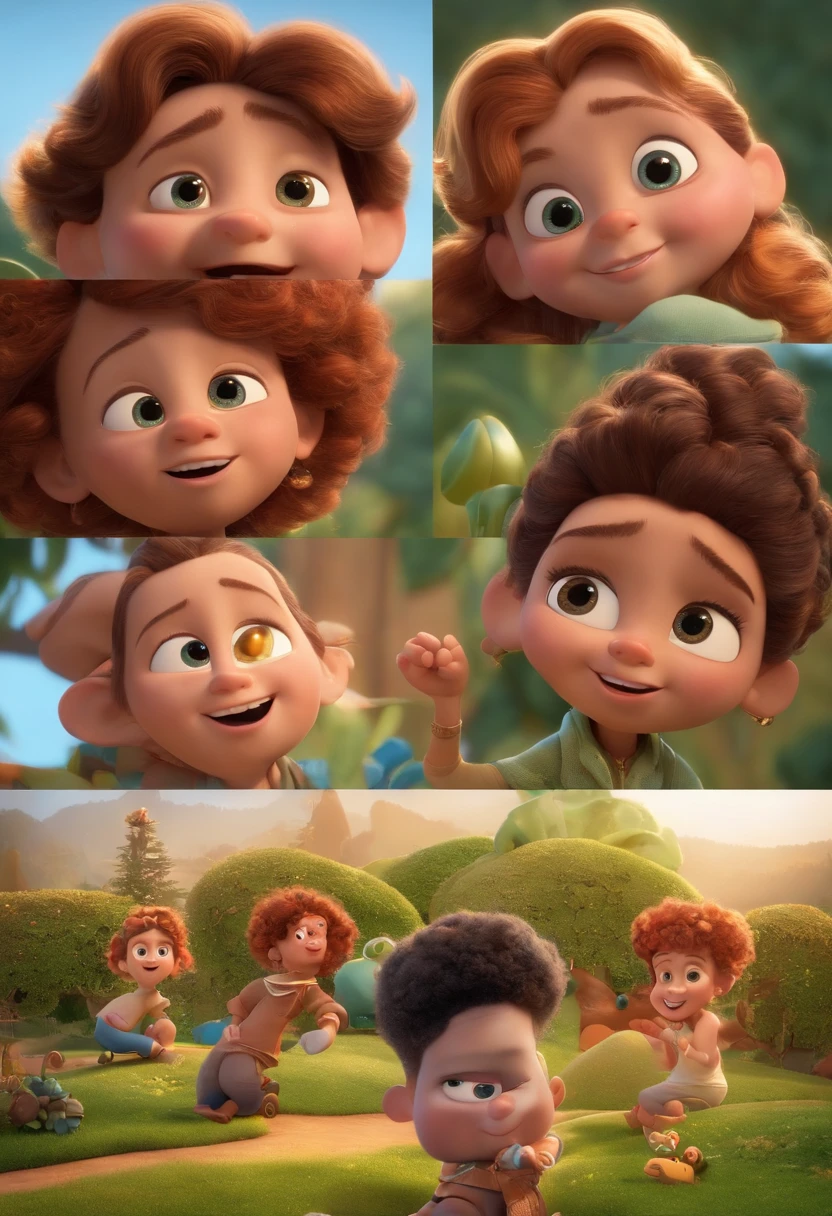 Create a Disney PIXAR-style 3D poster. ((centro da imagem, )), ((3 )) ((1 menino menor no meio e 2 meninos ao lado, They're hugging each other, 1 menino tem pele castanha e cabelos castanhos claro e olhos castanhos escuros, 1 menino tem pele clara, olhos e cabelos escuros e cacheados, e o outro menino tem pele clara, olhos escuros e cabelos castanhos claros e lisos)) ((tudo isso no estilo Disney PIXAR 3D, In the background, um predio, São Paulo, The garden is full of nature 3D render RTX clay material, estilo de design cartunesco, POP Mart, soft lighting, linhas suaves, Spring tilt, Detailed illustrations of PIXAR 3D, Detalhes hiper-realistas, cor quente no estilo Disney PIXAR 3D))